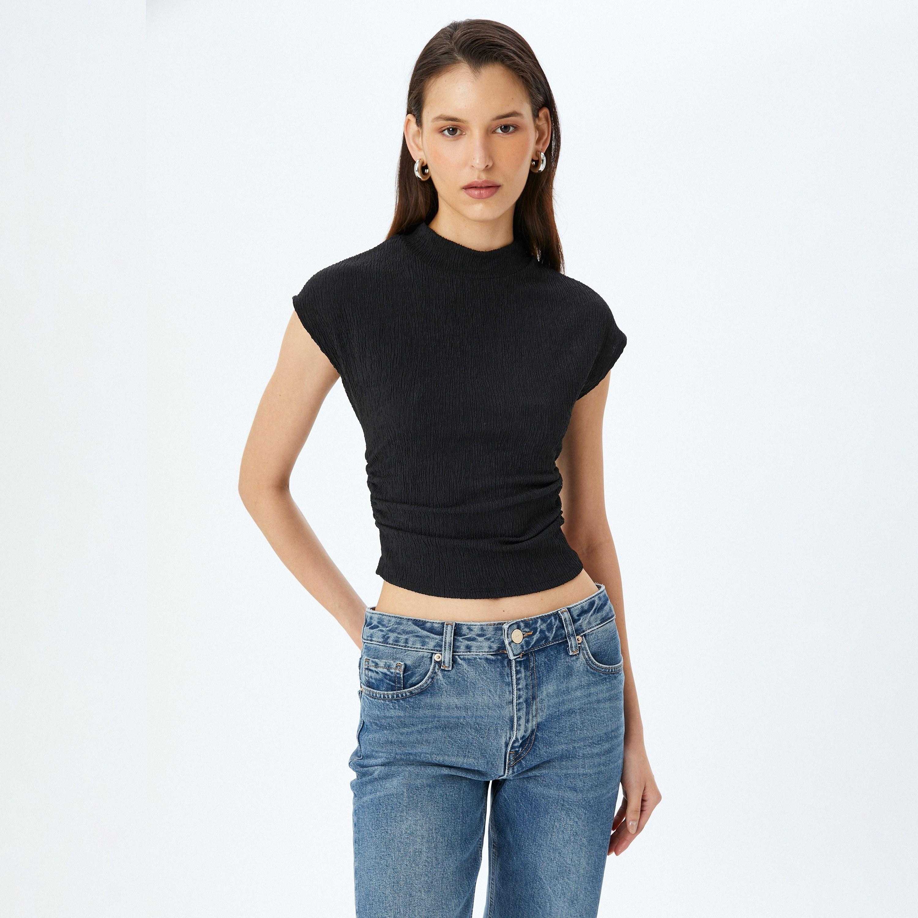 Koton Black Crinkled Mock Neck Short Sleeves Women's Top-women-clothing-shirtsandblouses-blouses-image-1