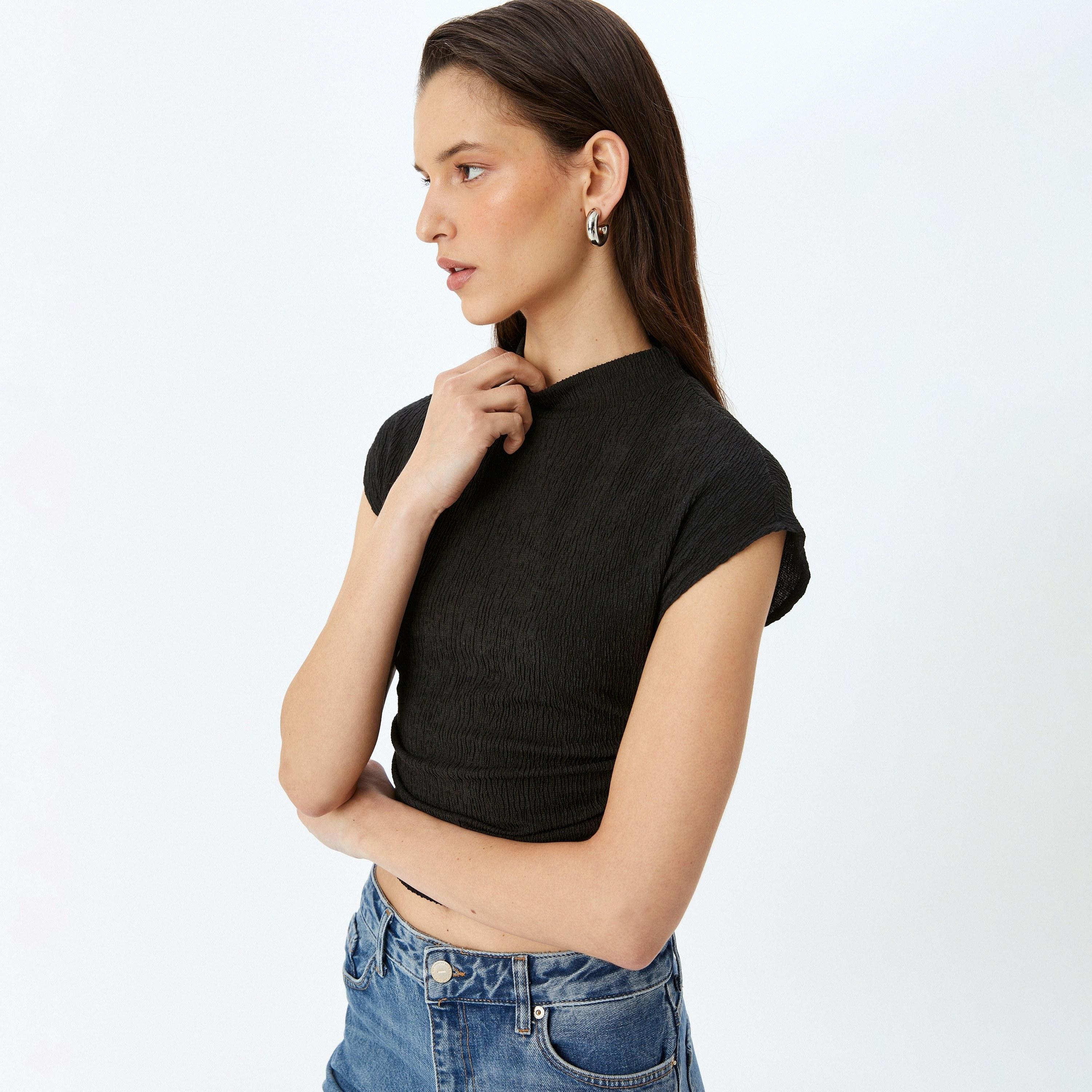 Koton Black Crinkled Mock Neck Short Sleeves Women's Top-women-clothing-shirtsandblouses-blouses-image-2