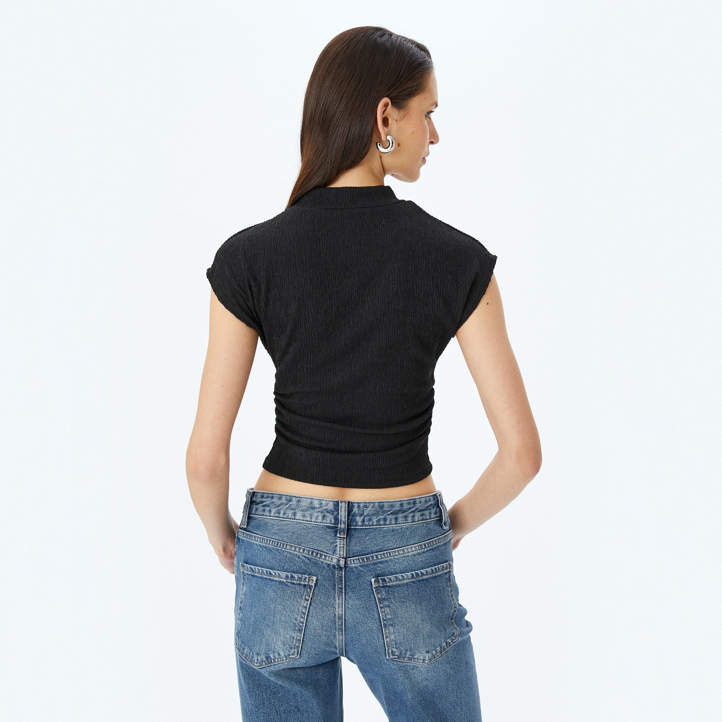 Koton Black Crinkled Mock Neck Short Sleeves Women's Top-women-clothing-shirtsandblouses-blouses-image-3