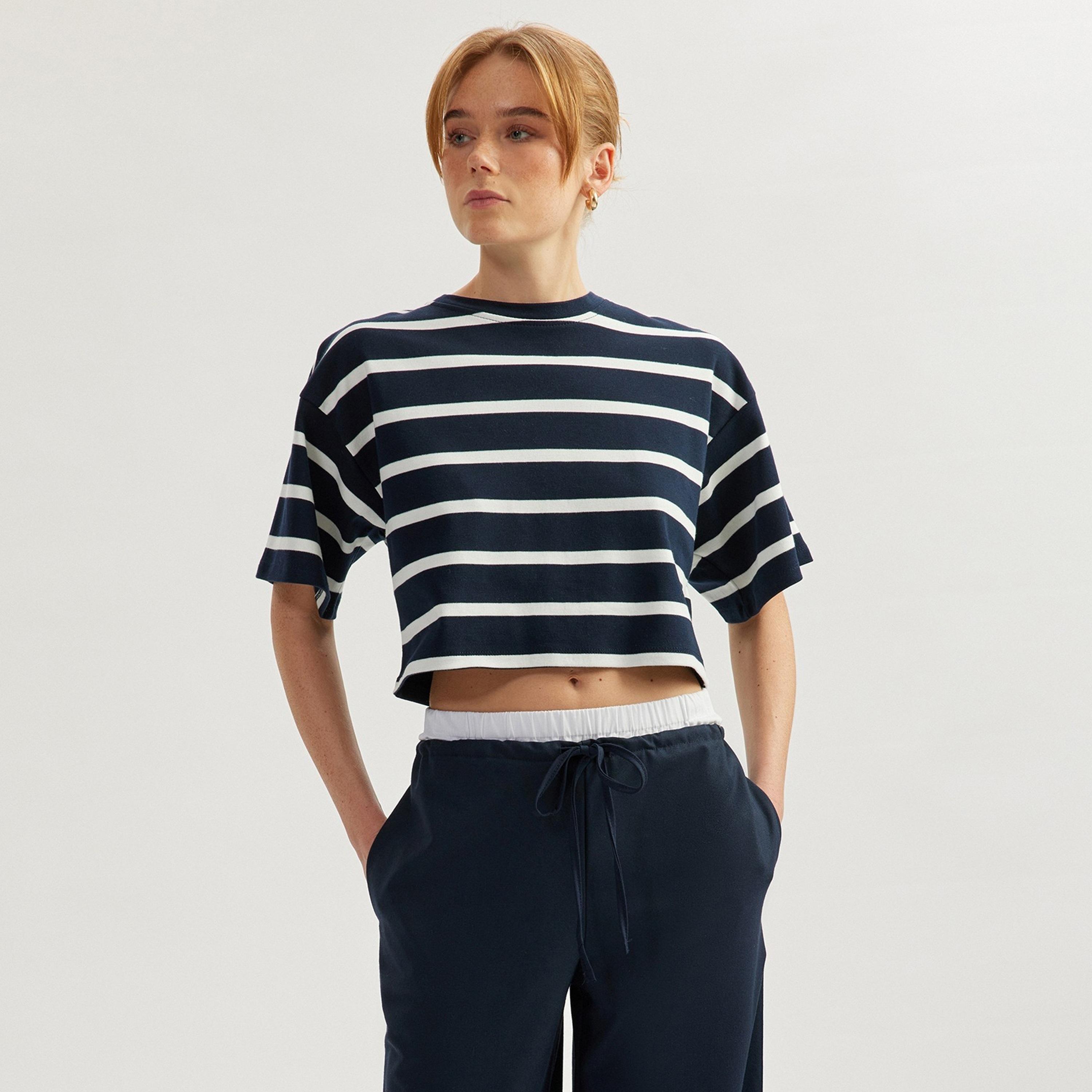 Koton Dark Blue Striped Round Neck Short Sleeves Women's T-Shirt-women-clothing-tshirts-image-1