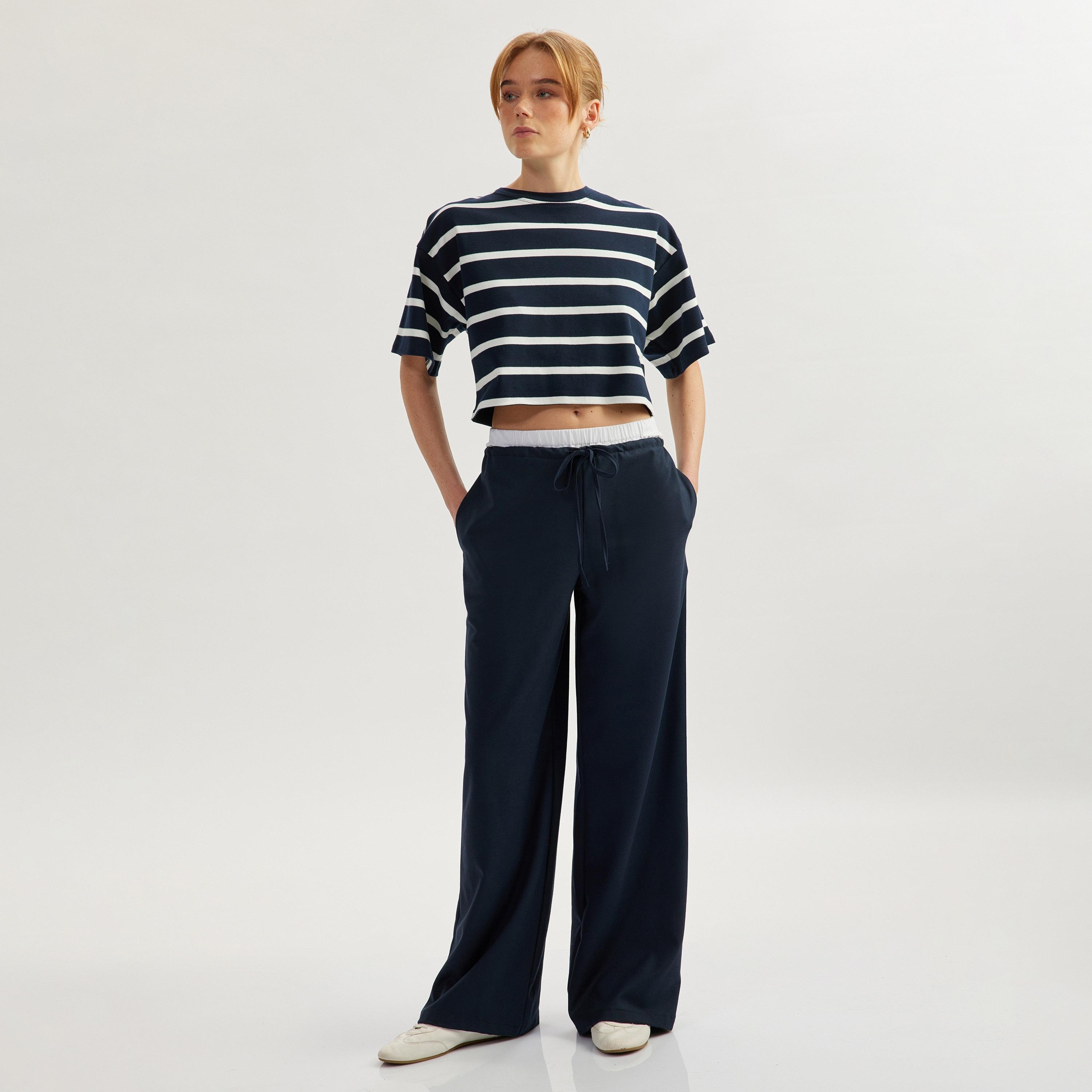 Koton Dark Blue Striped Round Neck Short Sleeves Women's T-Shirt-women-clothing-tshirts-image-2