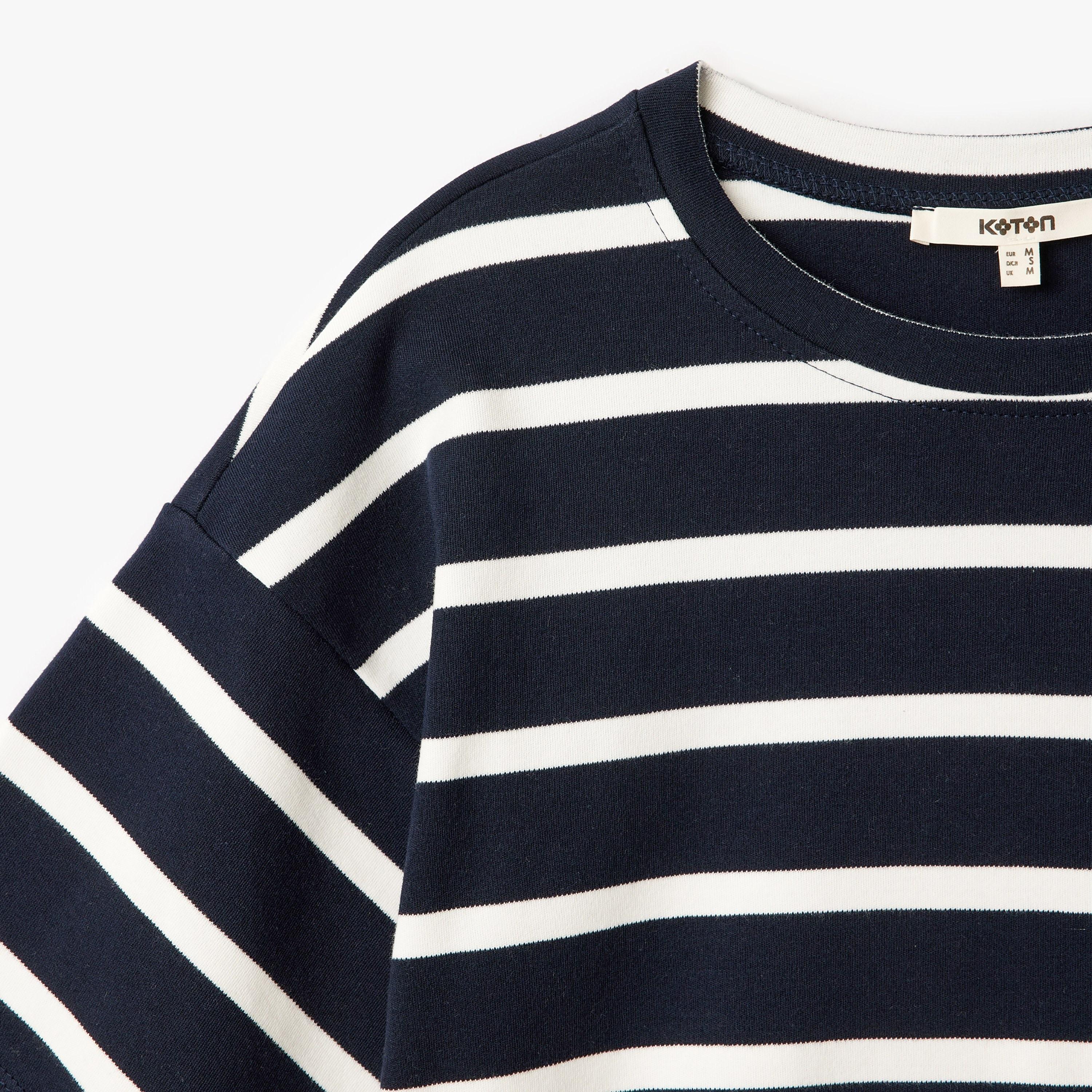 Koton Dark Blue Striped Round Neck Short Sleeves Women's T-Shirt-women-clothing-tshirts-image-3