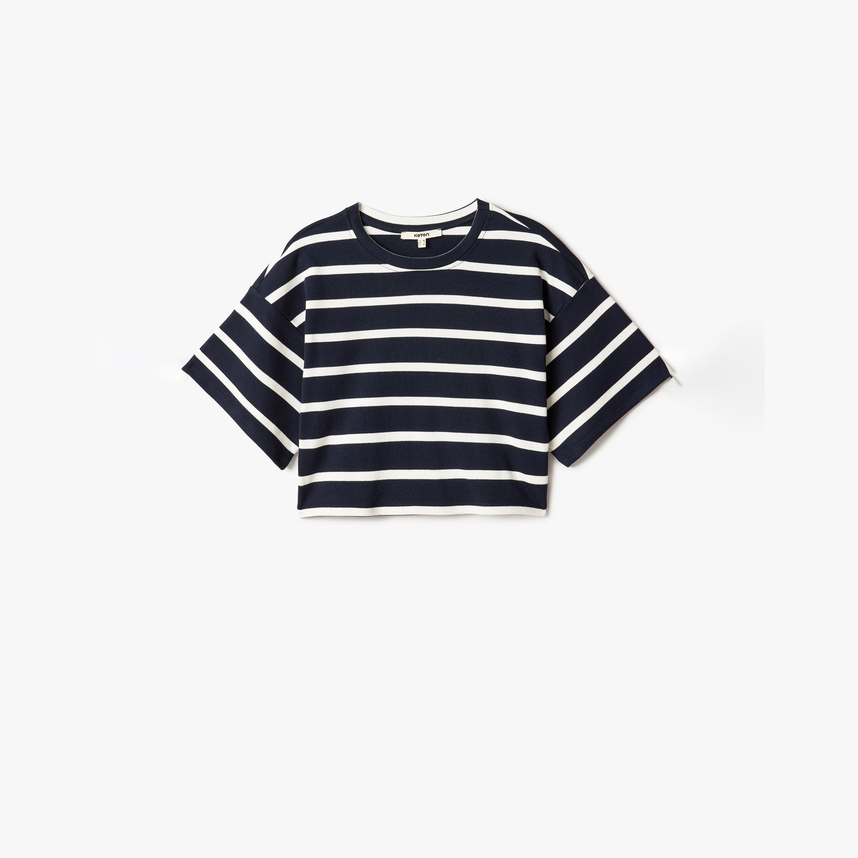 Koton Dark Blue Striped Round Neck Short Sleeves Women's T-Shirt-women-clothing-tshirts-image-4