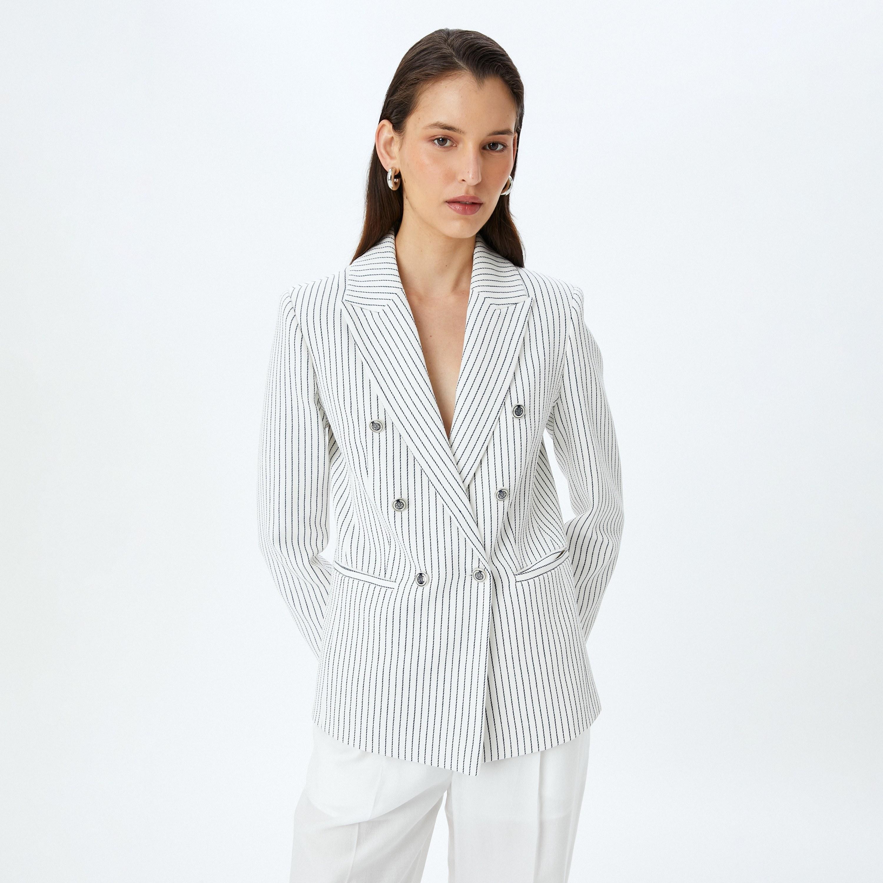 Koton White Striped Notch Lapel Long Sleeves Women's Blazer-women-clothing-coatsandjackets-blazers-image-1