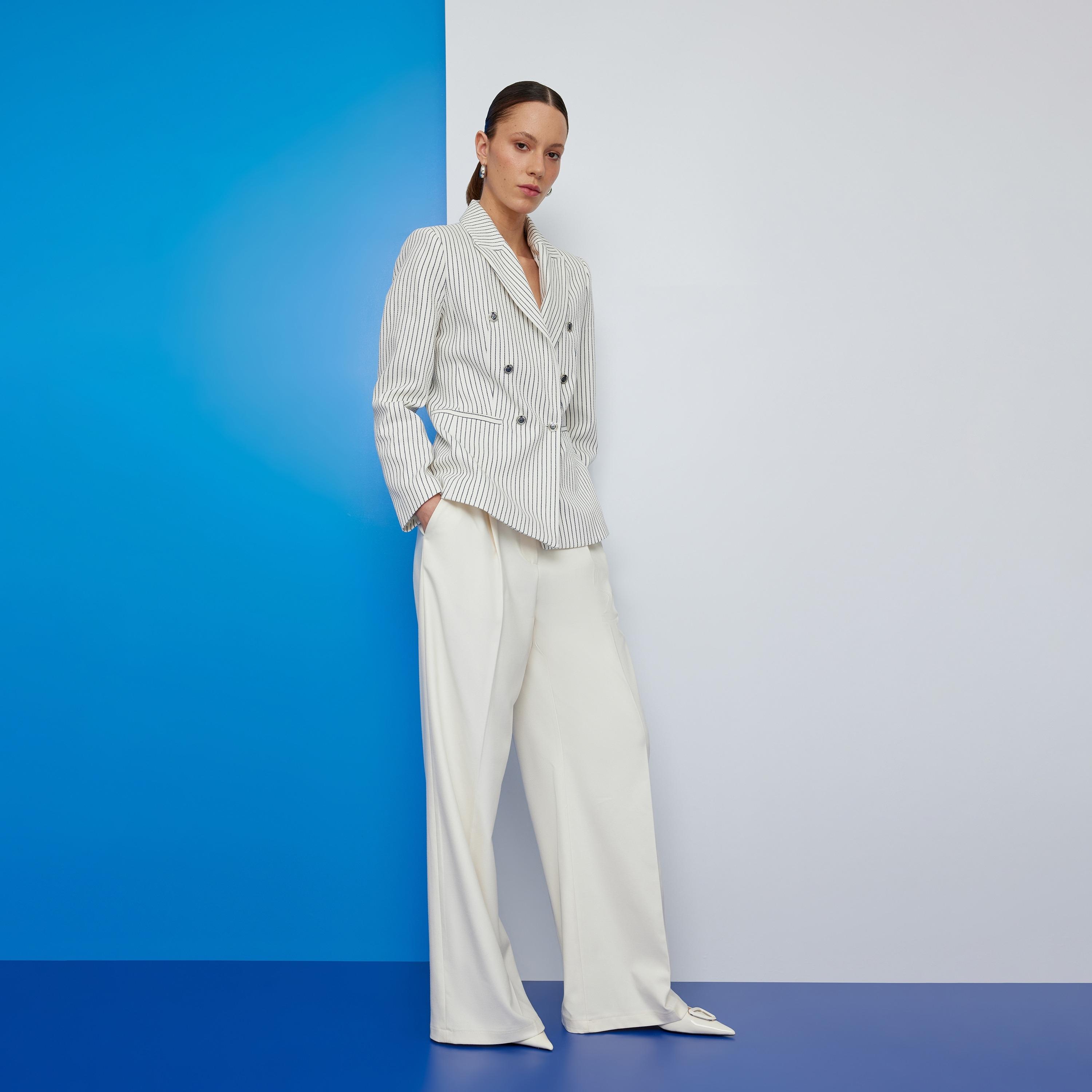 Koton White Striped Notch Lapel Long Sleeves Women's Blazer-women-clothing-coatsandjackets-blazers-image-2
