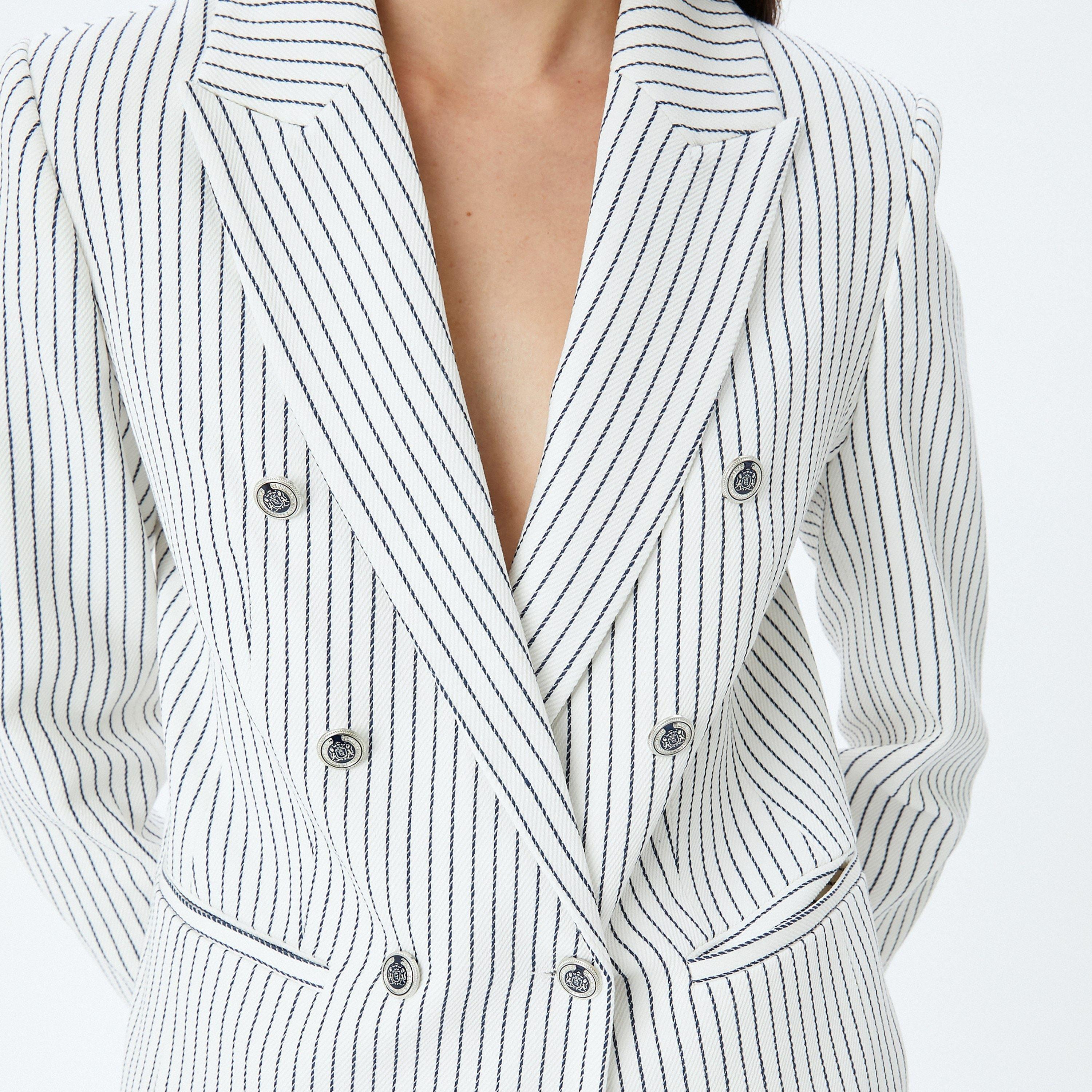 Koton White Striped Notch Lapel Long Sleeves Women's Blazer-women-clothing-coatsandjackets-blazers-image-4