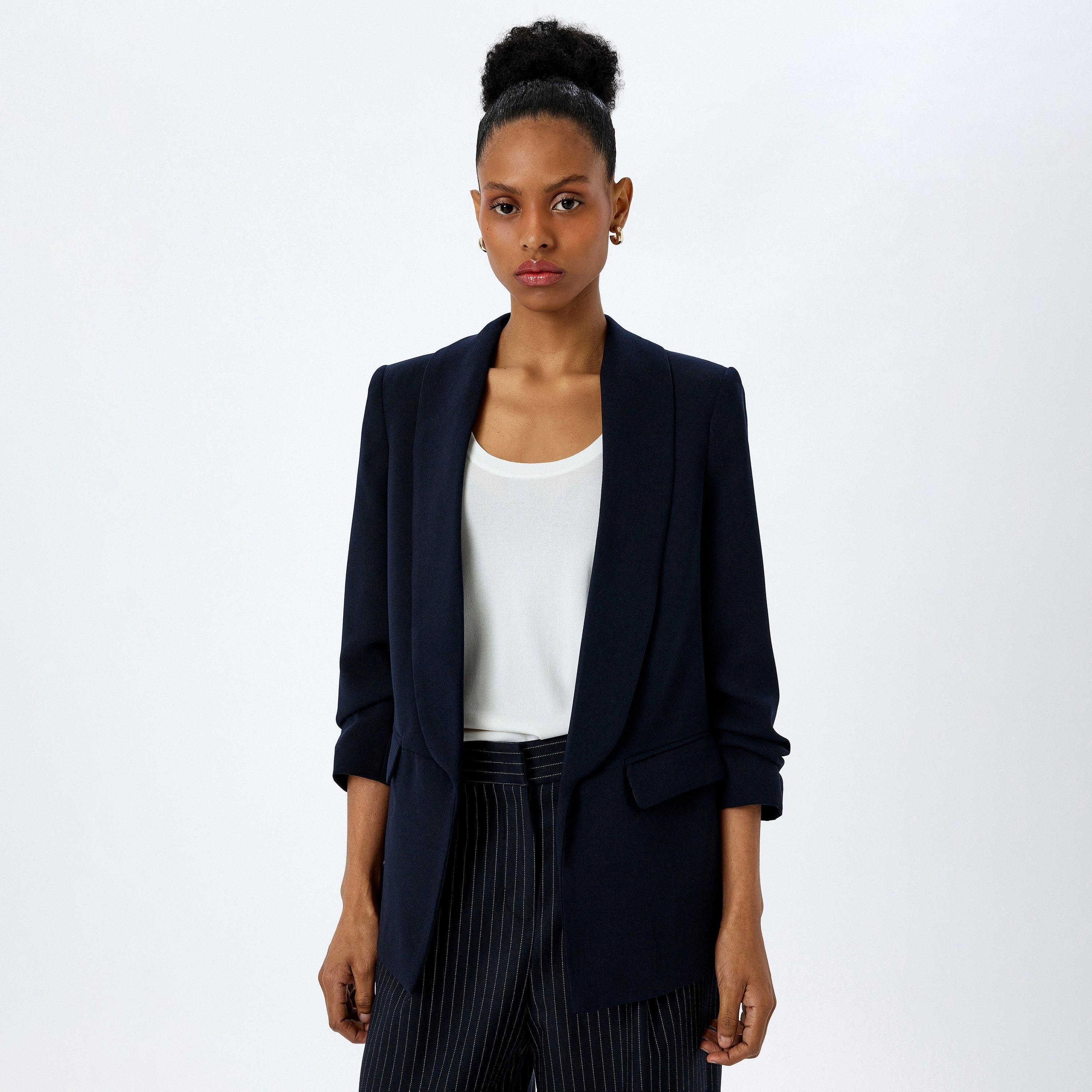 Koton Blue Plain Lapel Long Sleeves Women's Blazer-women-clothing-coatsandjackets-blazers-image-1