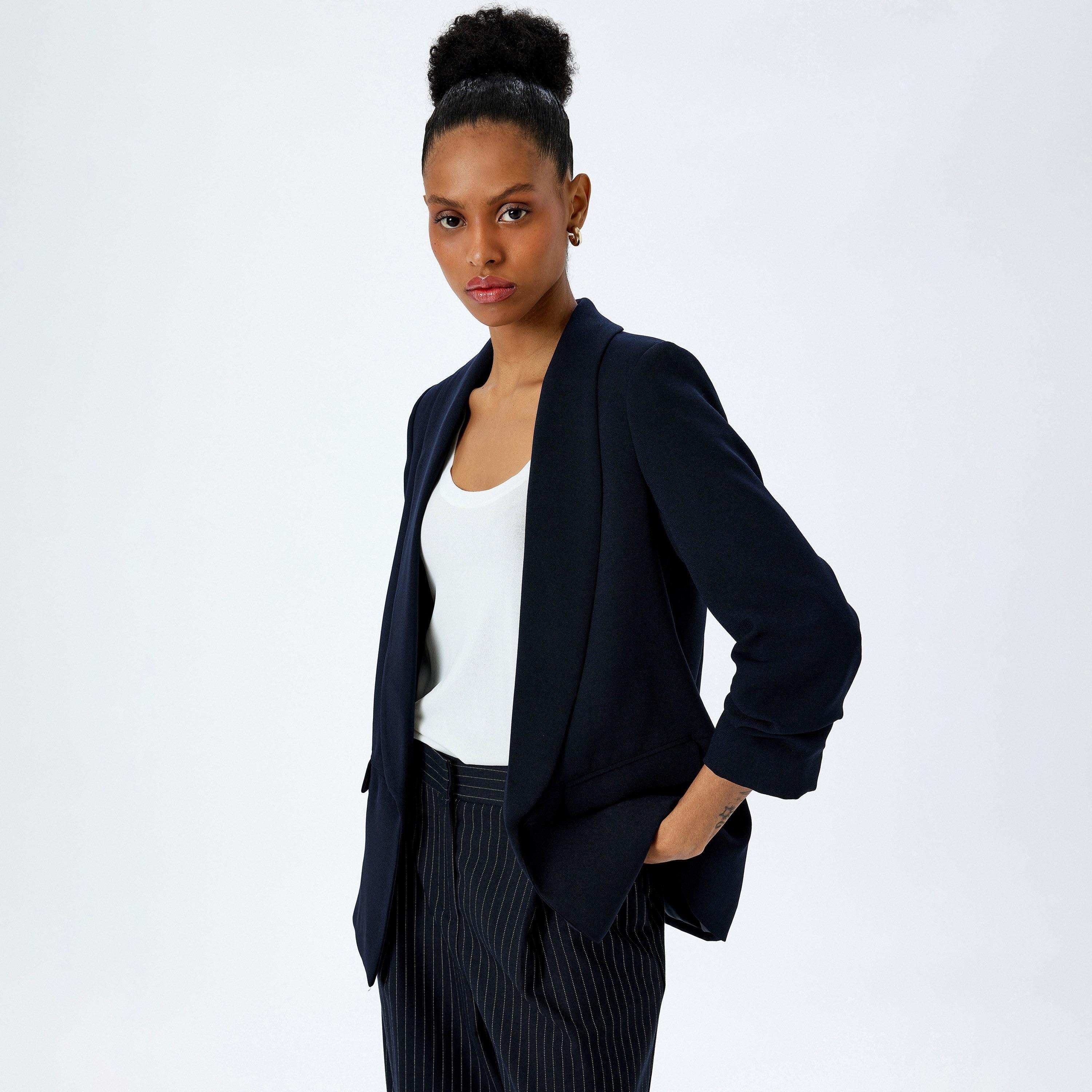 Koton Blue Plain Lapel Long Sleeves Women's Blazer-women-clothing-coatsandjackets-blazers-image-2