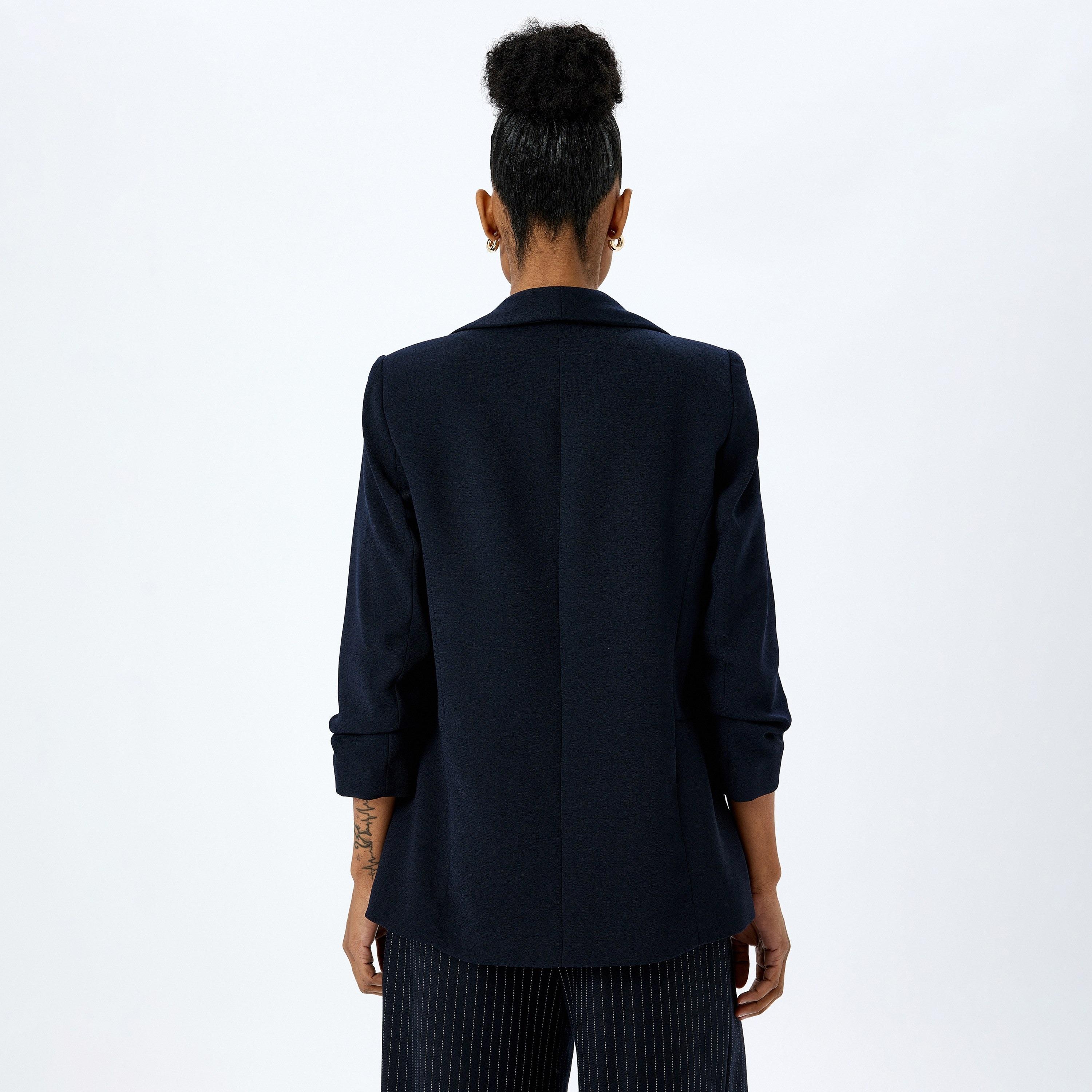 Koton Blue Plain Lapel Long Sleeves Women's Blazer-women-clothing-coatsandjackets-blazers-image-3