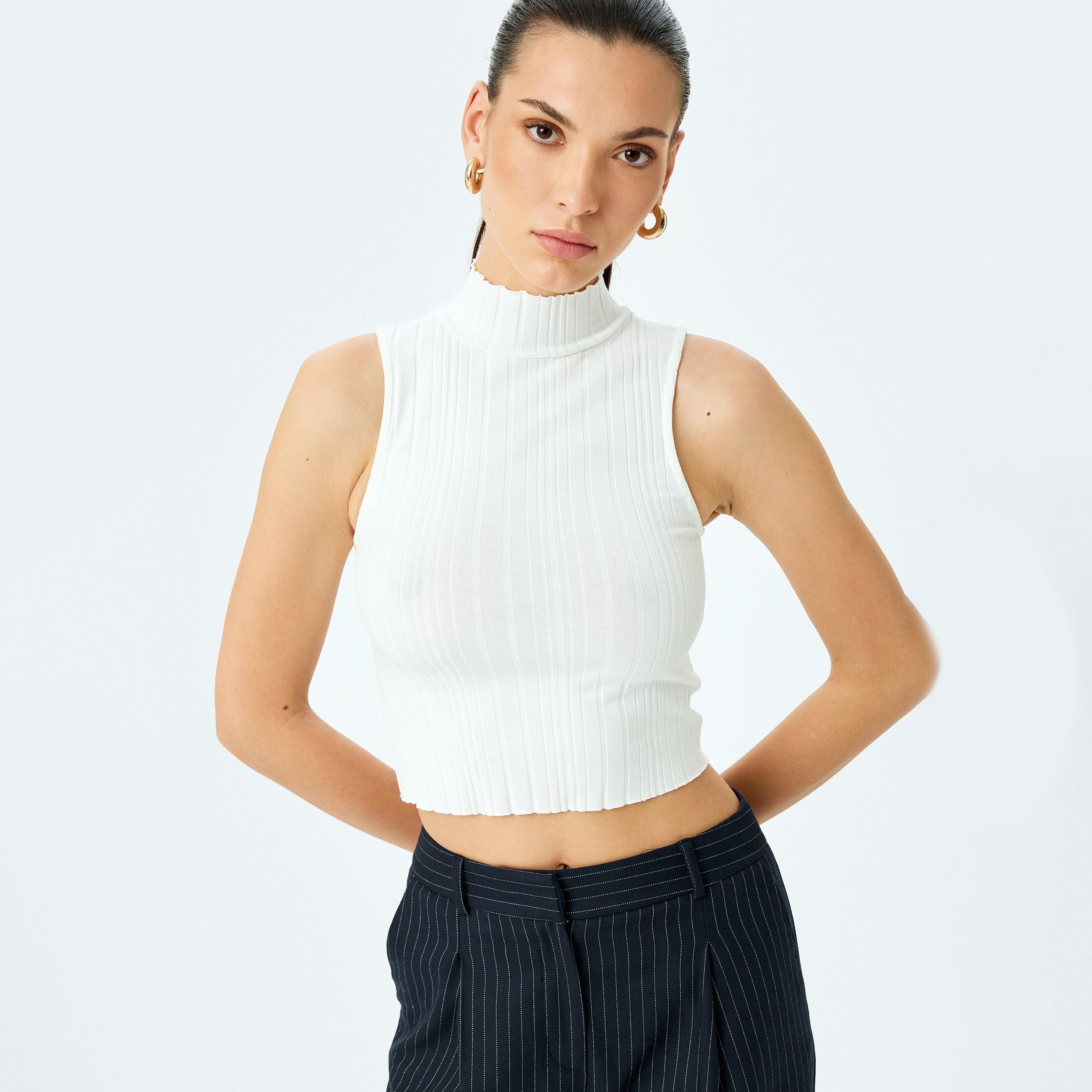 Koton White Ribbed High Neck Short Sleeves Women's Top-women-clothing-shirtsandblouses-blouses-image-1