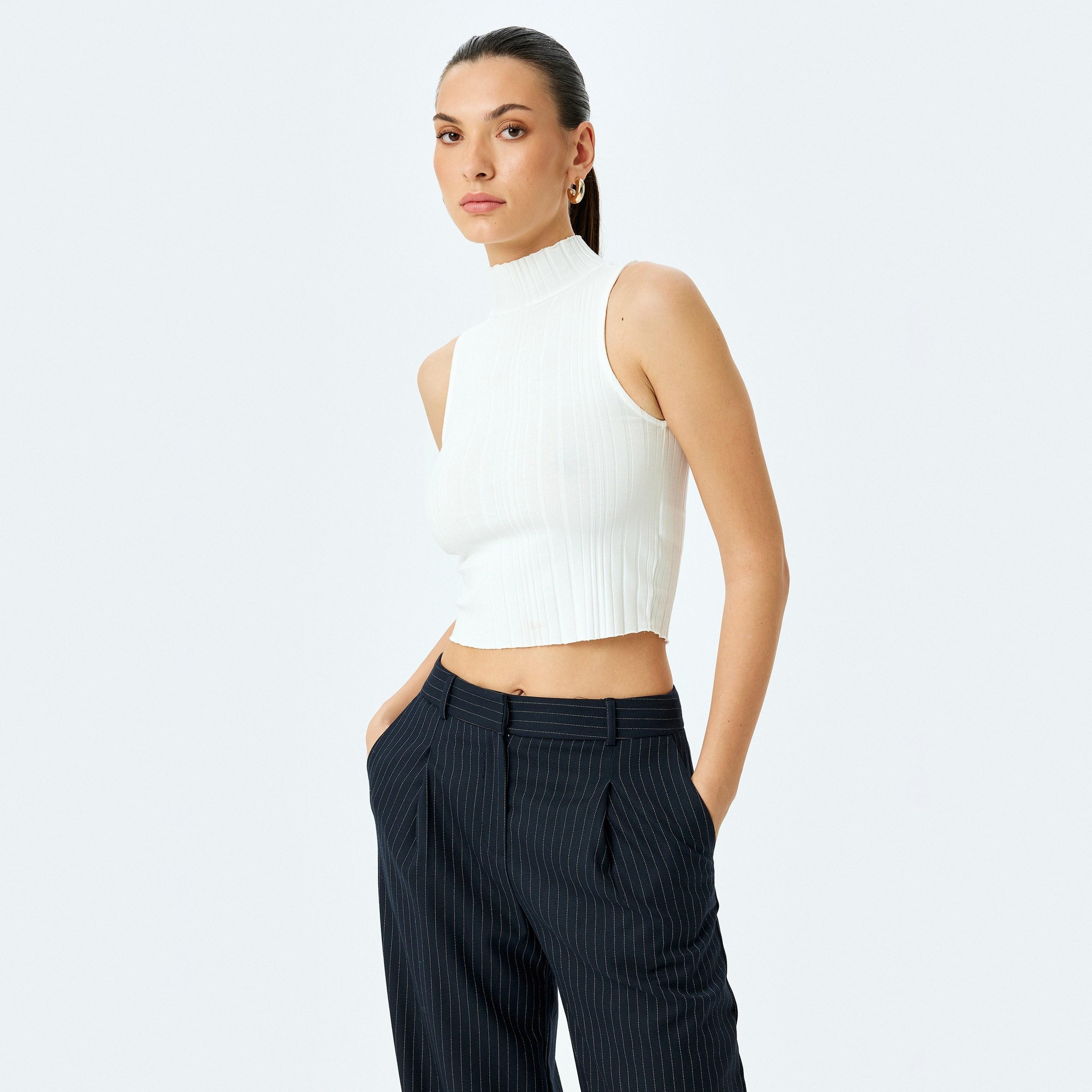 Koton White Ribbed High Neck Short Sleeves Women's Top-women-clothing-shirtsandblouses-blouses-image-2