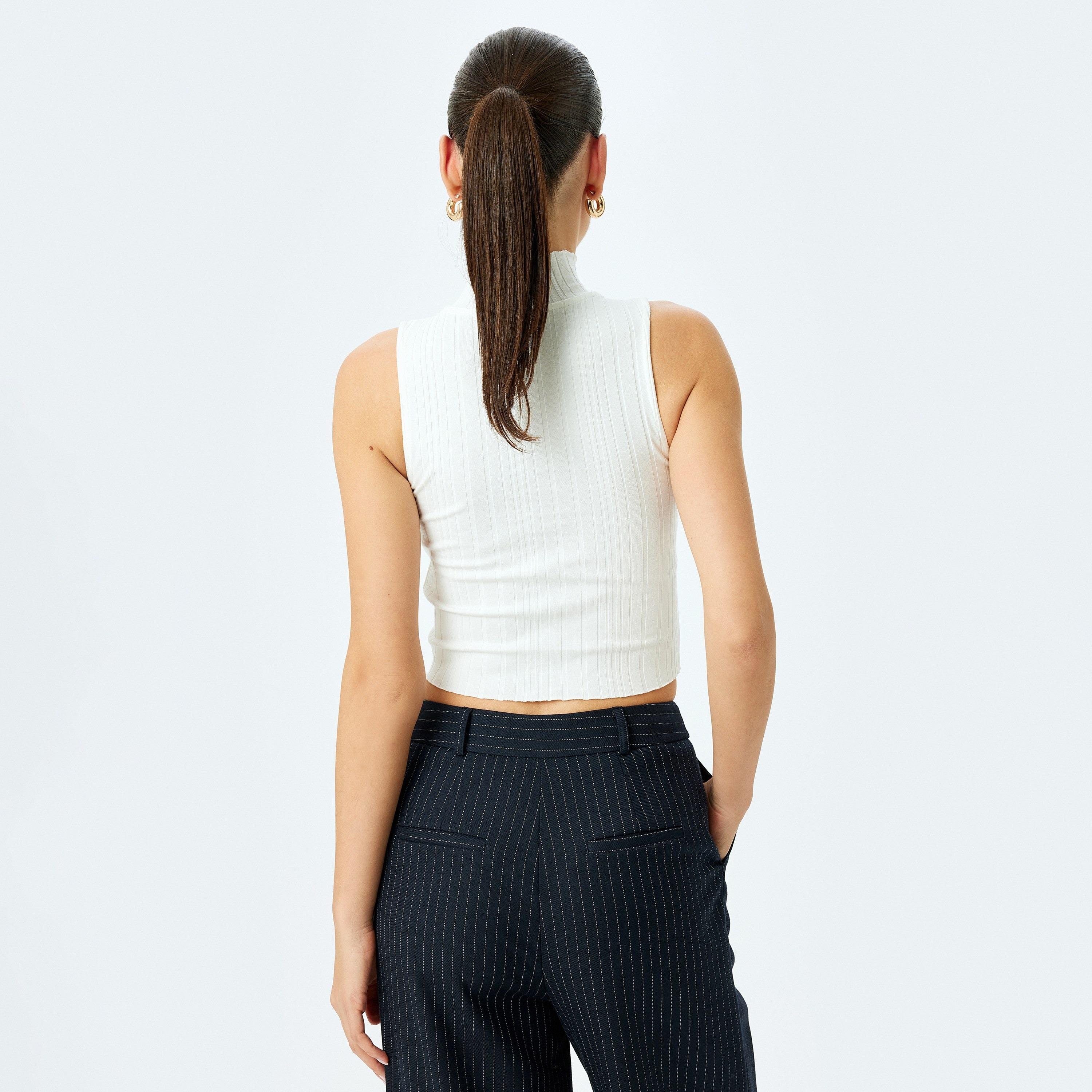 Koton White Ribbed High Neck Short Sleeves Women's Top-women-clothing-shirtsandblouses-blouses-image-3