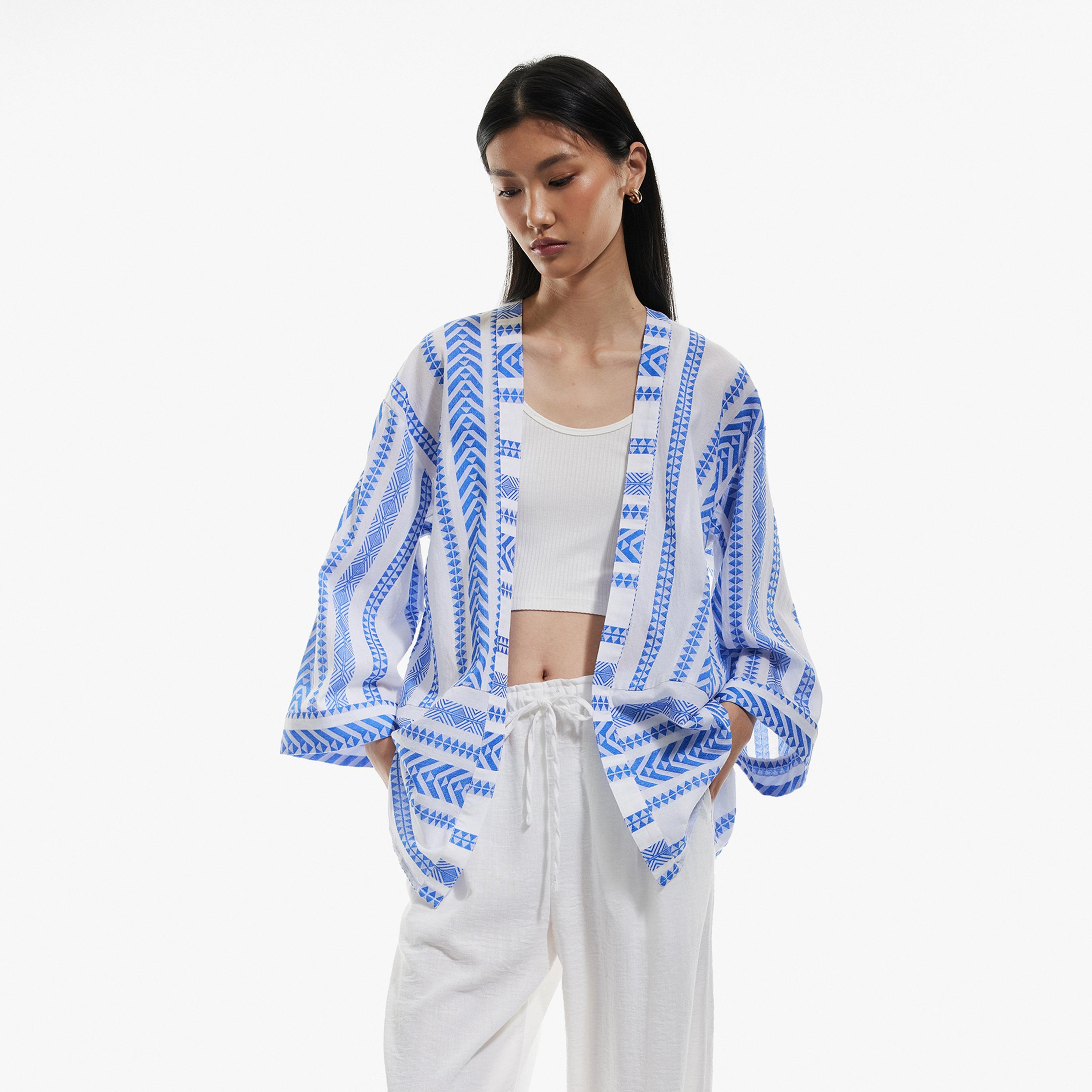 KOTON Blue Geometric Print Open-Front Wide Slevees Women's Kimono-women-clothing-shirtsandblouses-blouses-image-1