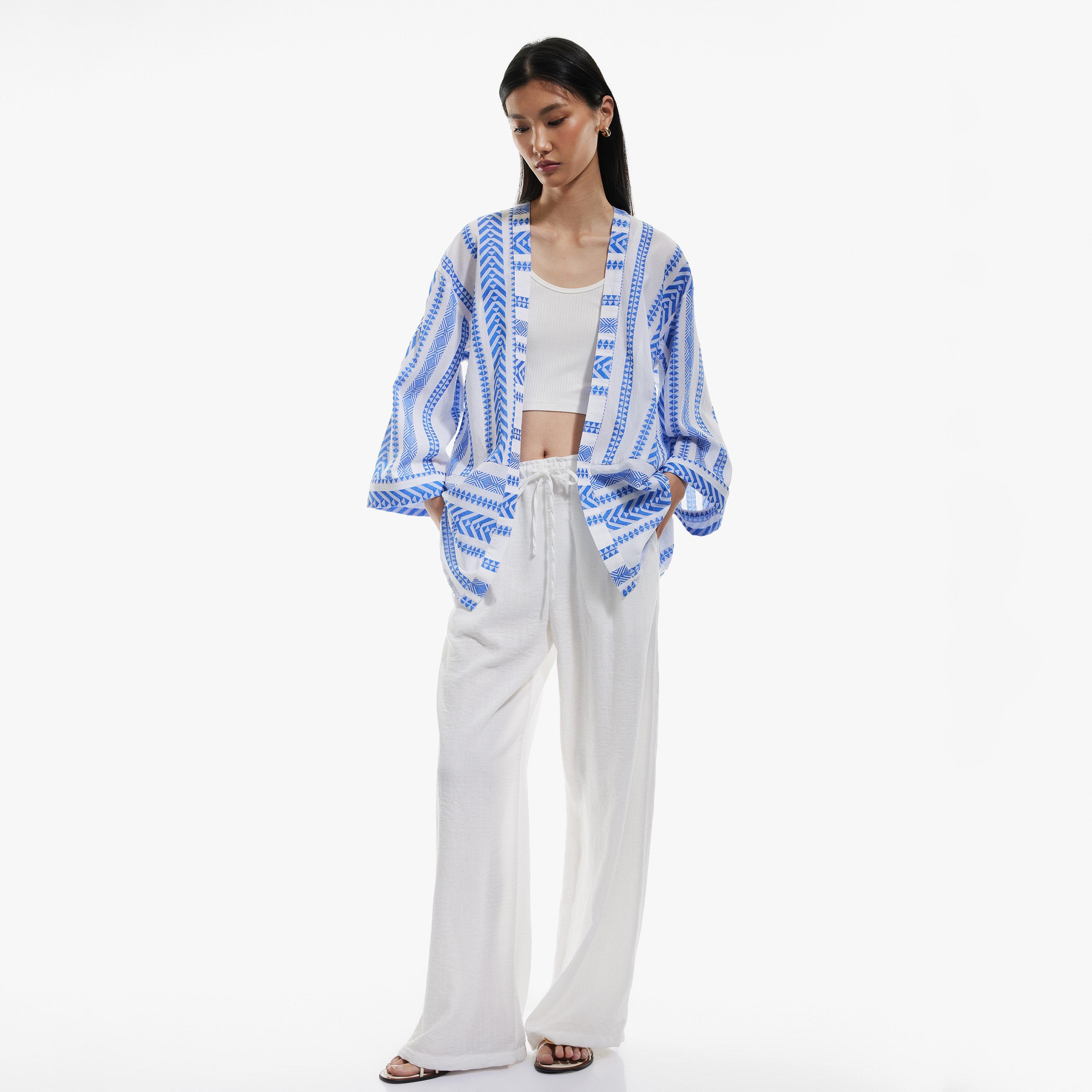 KOTON Blue Geometric Print Open-Front Wide Slevees Women's Kimono-women-clothing-shirtsandblouses-blouses-image-2