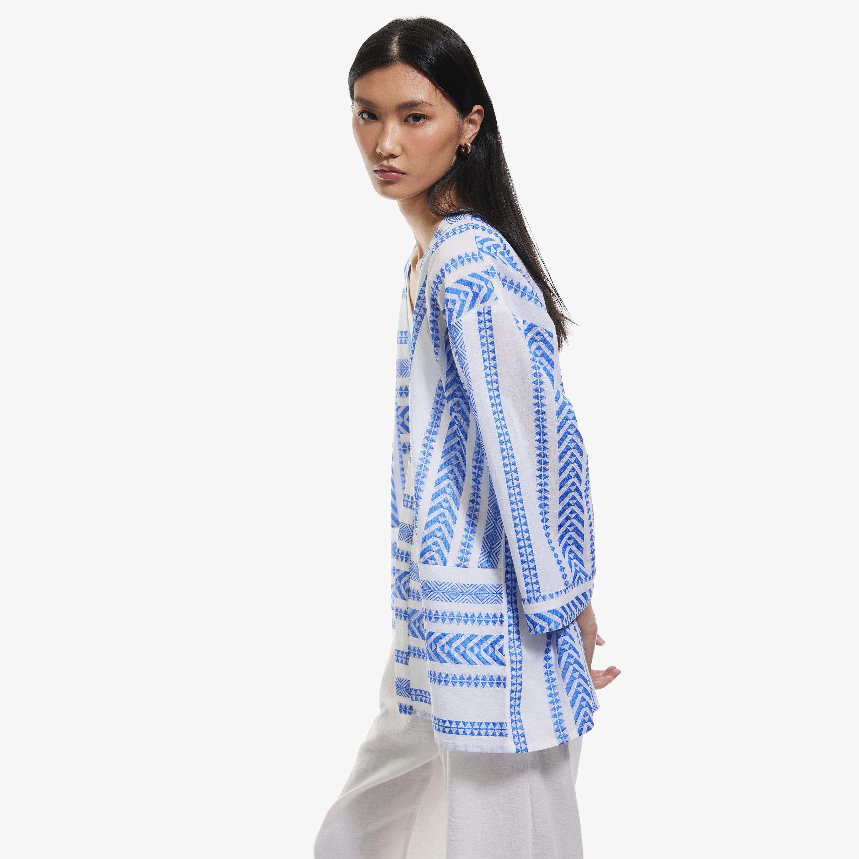 KOTON Blue Geometric Print Open-Front Wide Slevees Women's Kimono-women-clothing-shirtsandblouses-blouses-image-3