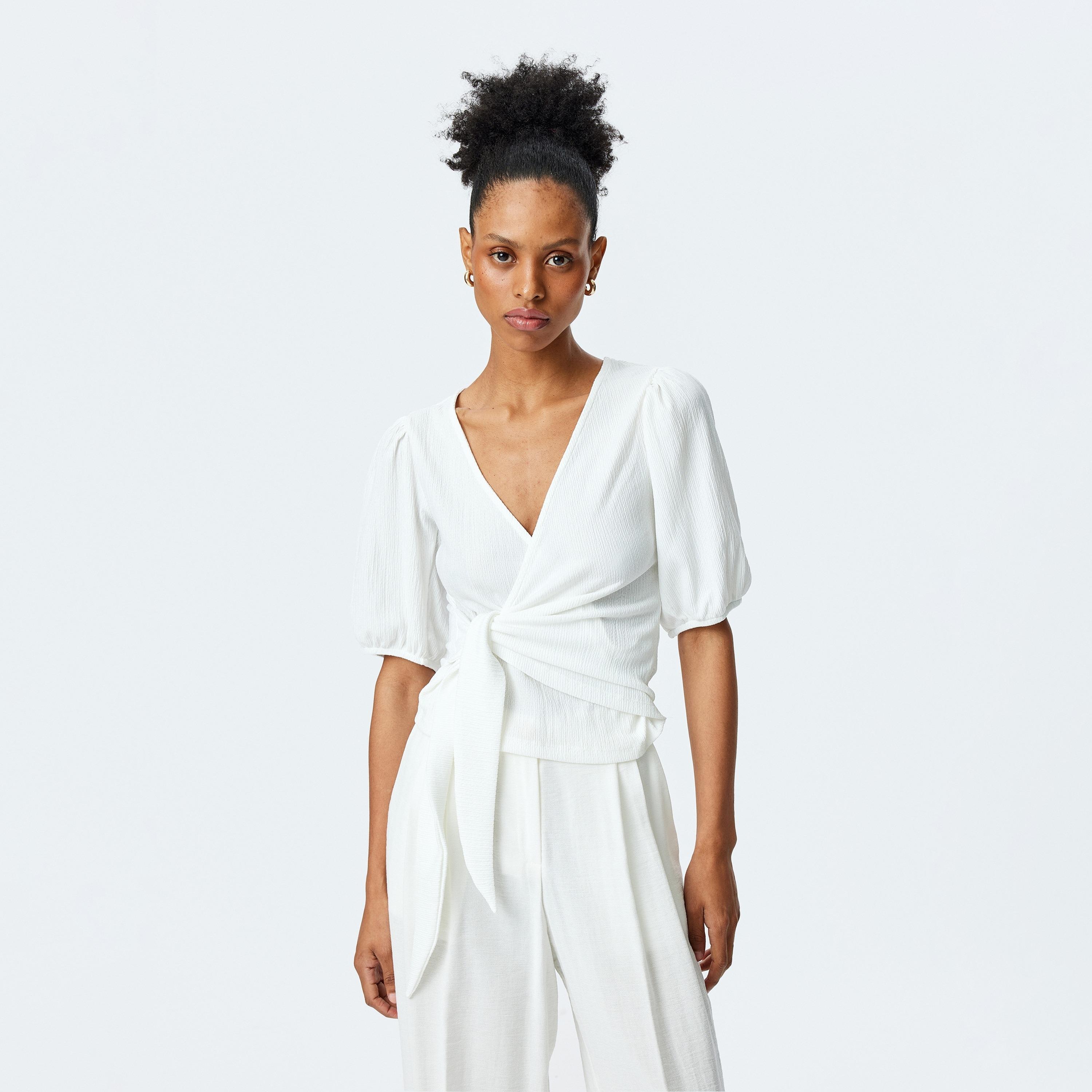 Koton White Crinkled V-Neck Puff Sleeves Women's Wrap Top-women-clothing-shirtsandblouses-blouses-image-1