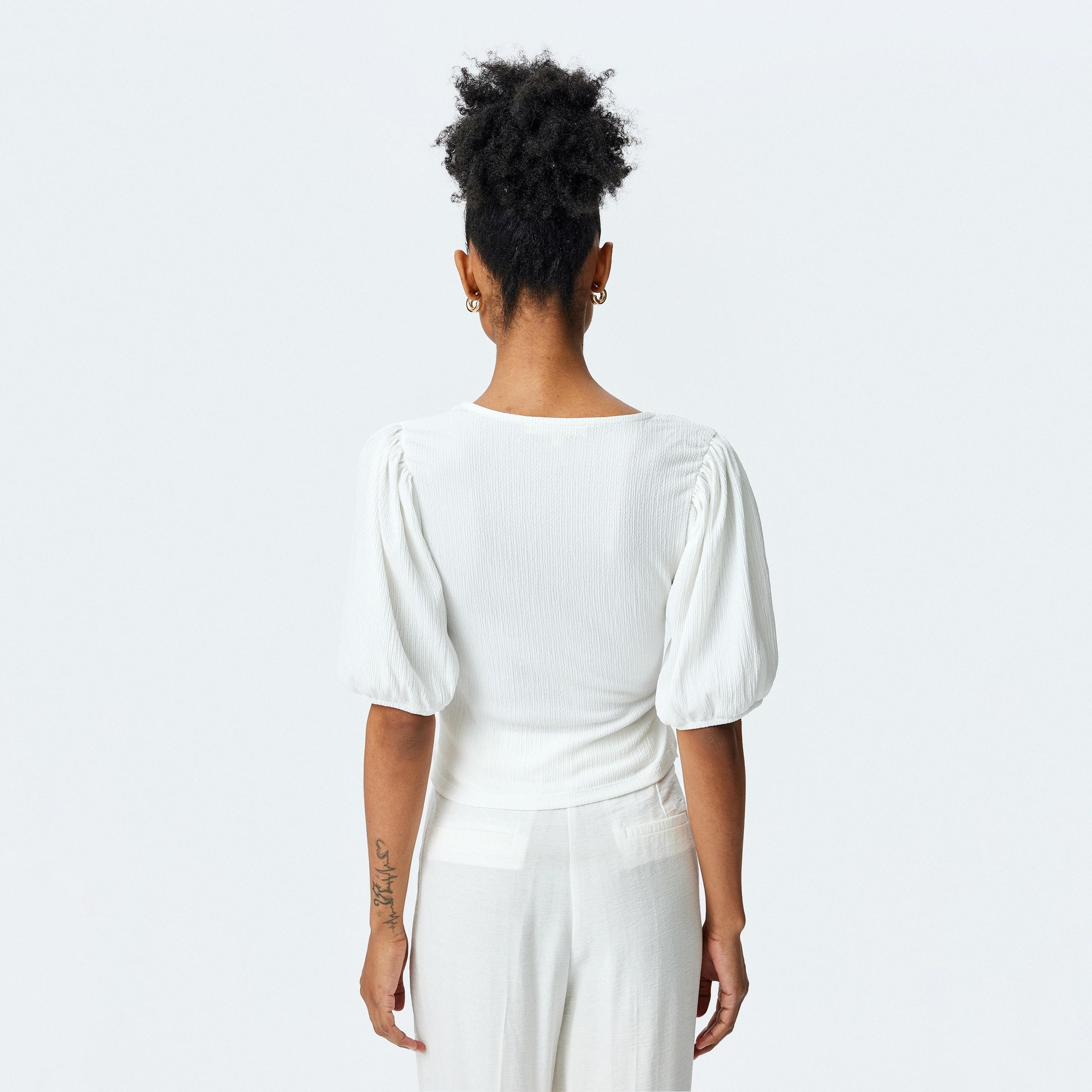 Koton White Crinkled V-Neck Puff Sleeves Women's Wrap Top-women-clothing-shirtsandblouses-blouses-image-2