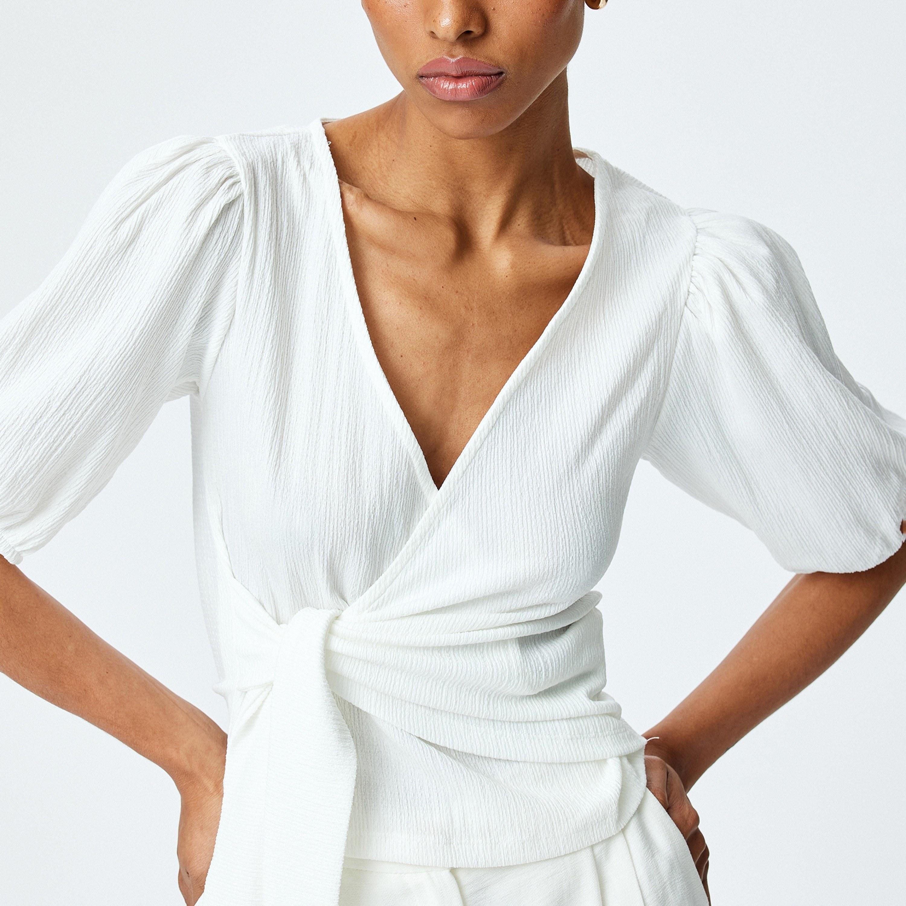 Koton White Crinkled V-Neck Puff Sleeves Women's Wrap Top-women-clothing-shirtsandblouses-blouses-image-3