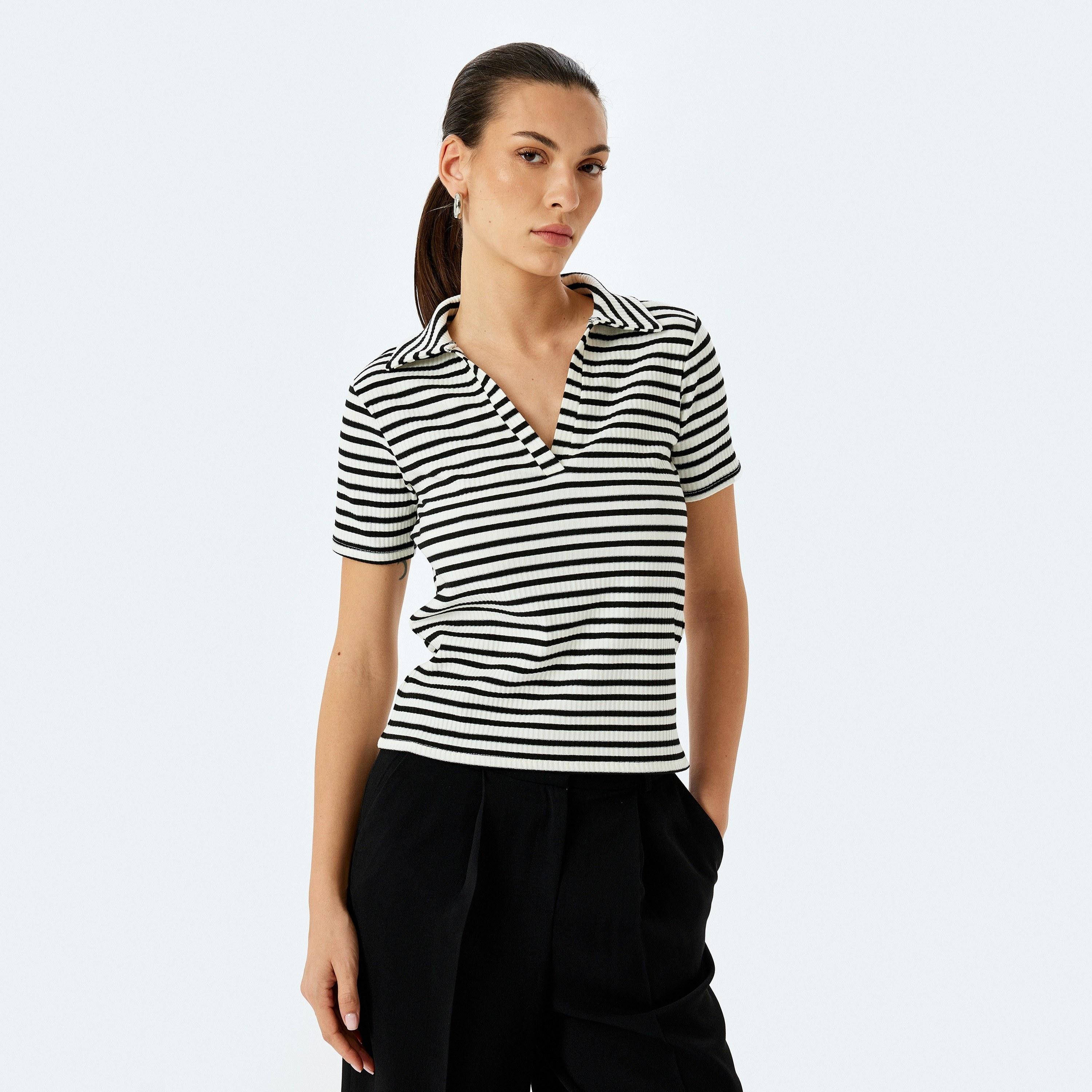 Koton Black Striped Collared Short Sleeves Women's T-Shirt-women-clothing-tshirts-image-1