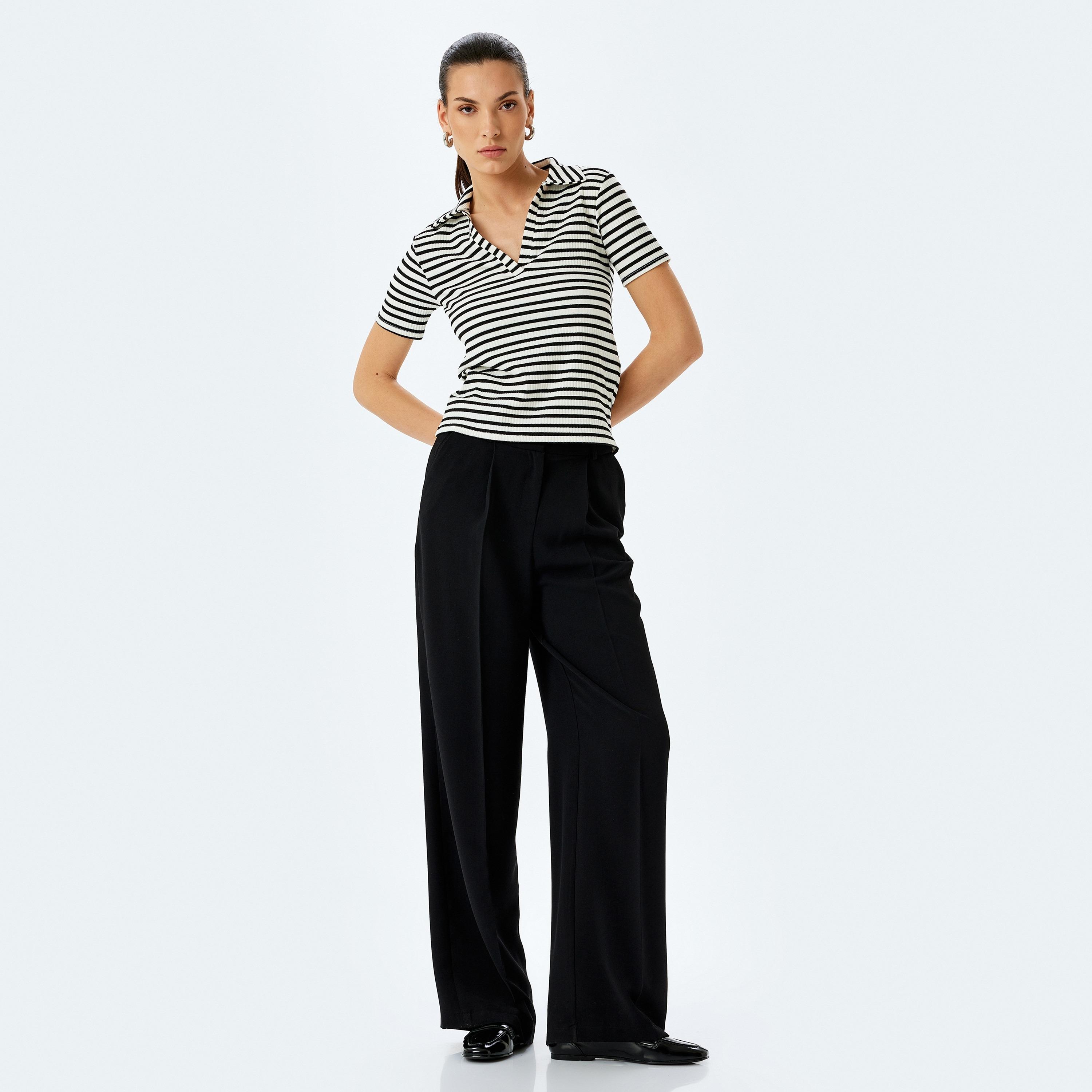 Koton Black Striped Collared Short Sleeves Women's T-Shirt-women-clothing-tshirts-image-2