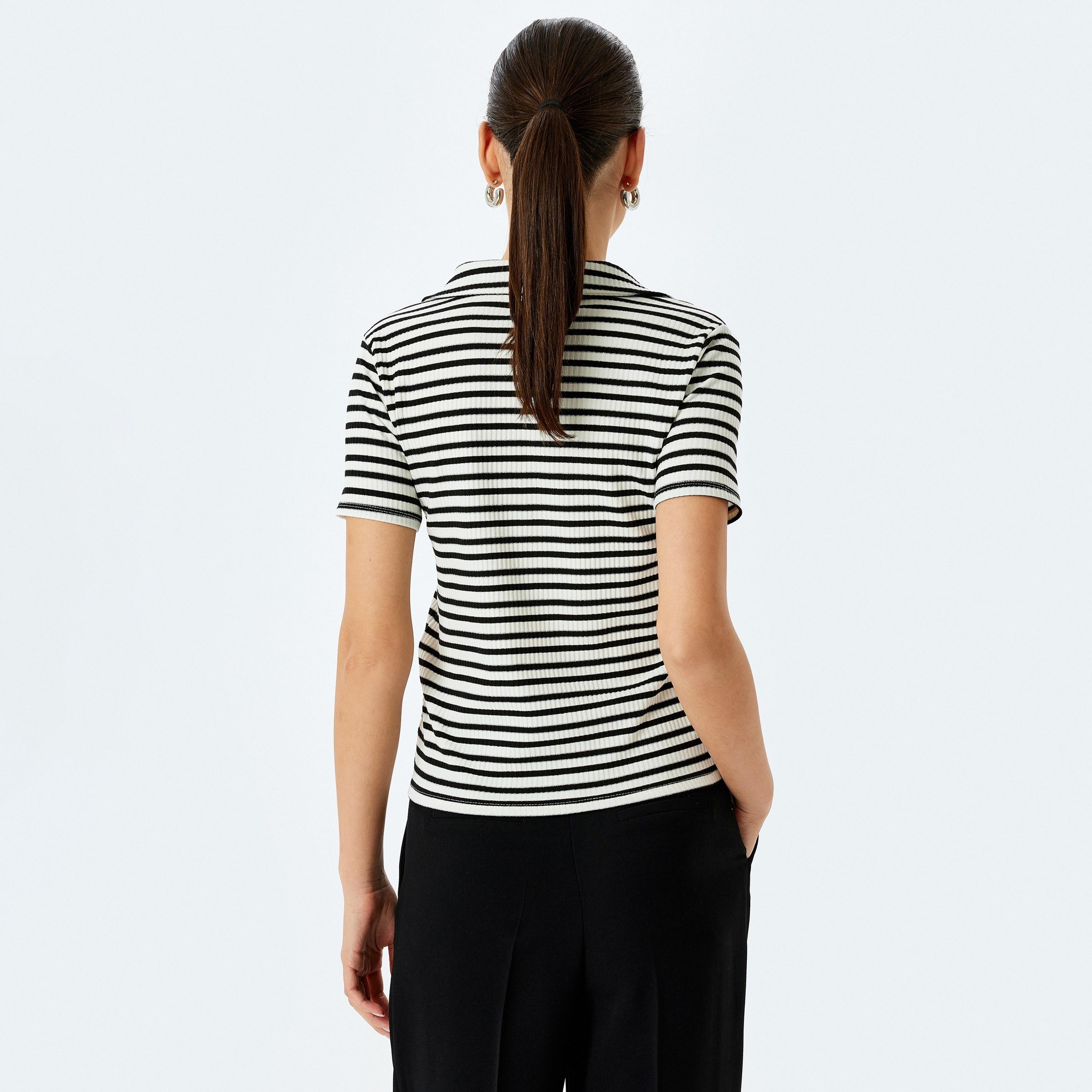 Koton Black Striped Collared Short Sleeves Women's T-Shirt-women-clothing-tshirts-image-3