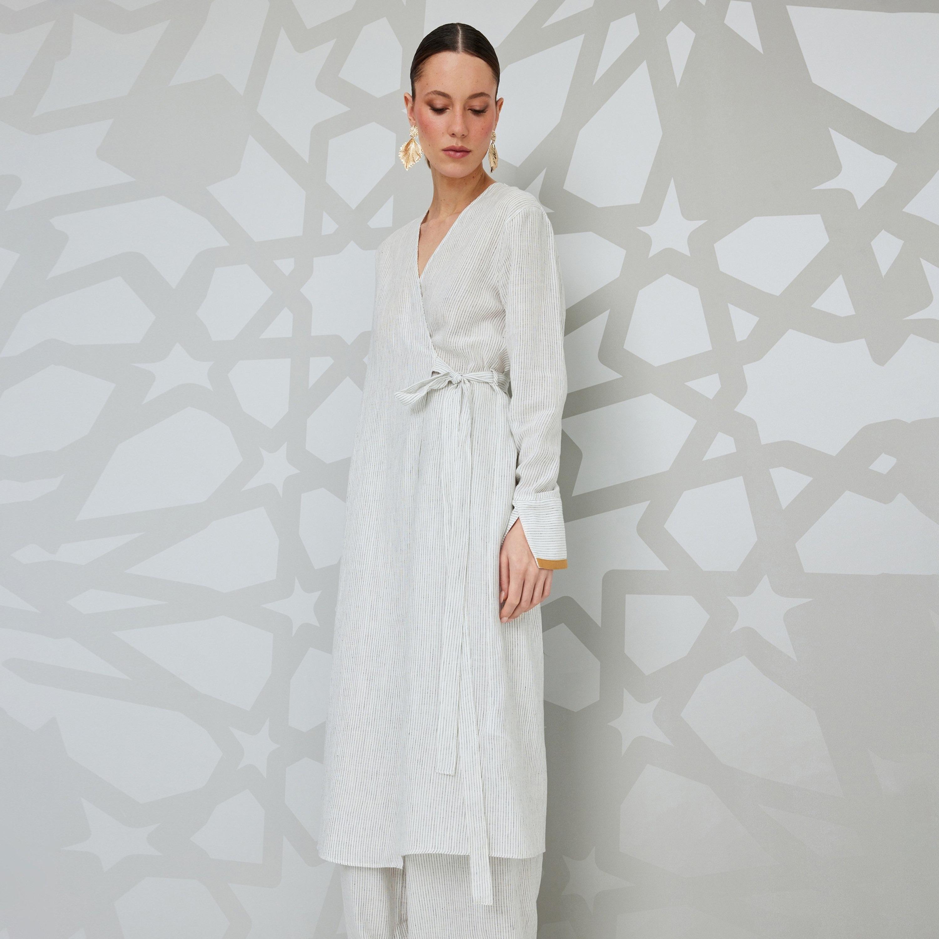 Koton White Striped V-Neck Long Sleeves Women's Kimono-women-clothing-shirtsandblouses-blouses-image-1