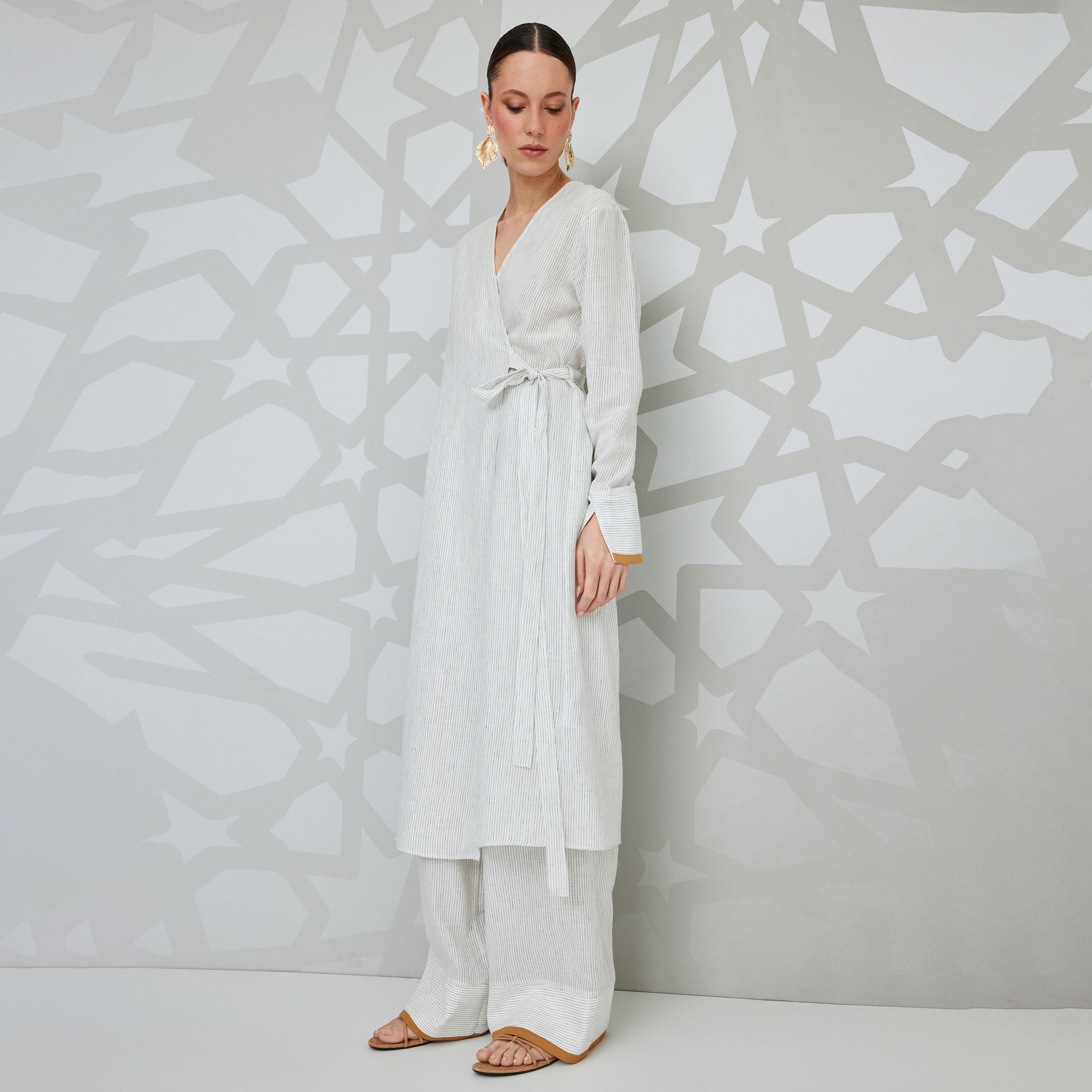 Koton White Striped V-Neck Long Sleeves Women's Kimono-women-clothing-shirtsandblouses-blouses-image-2