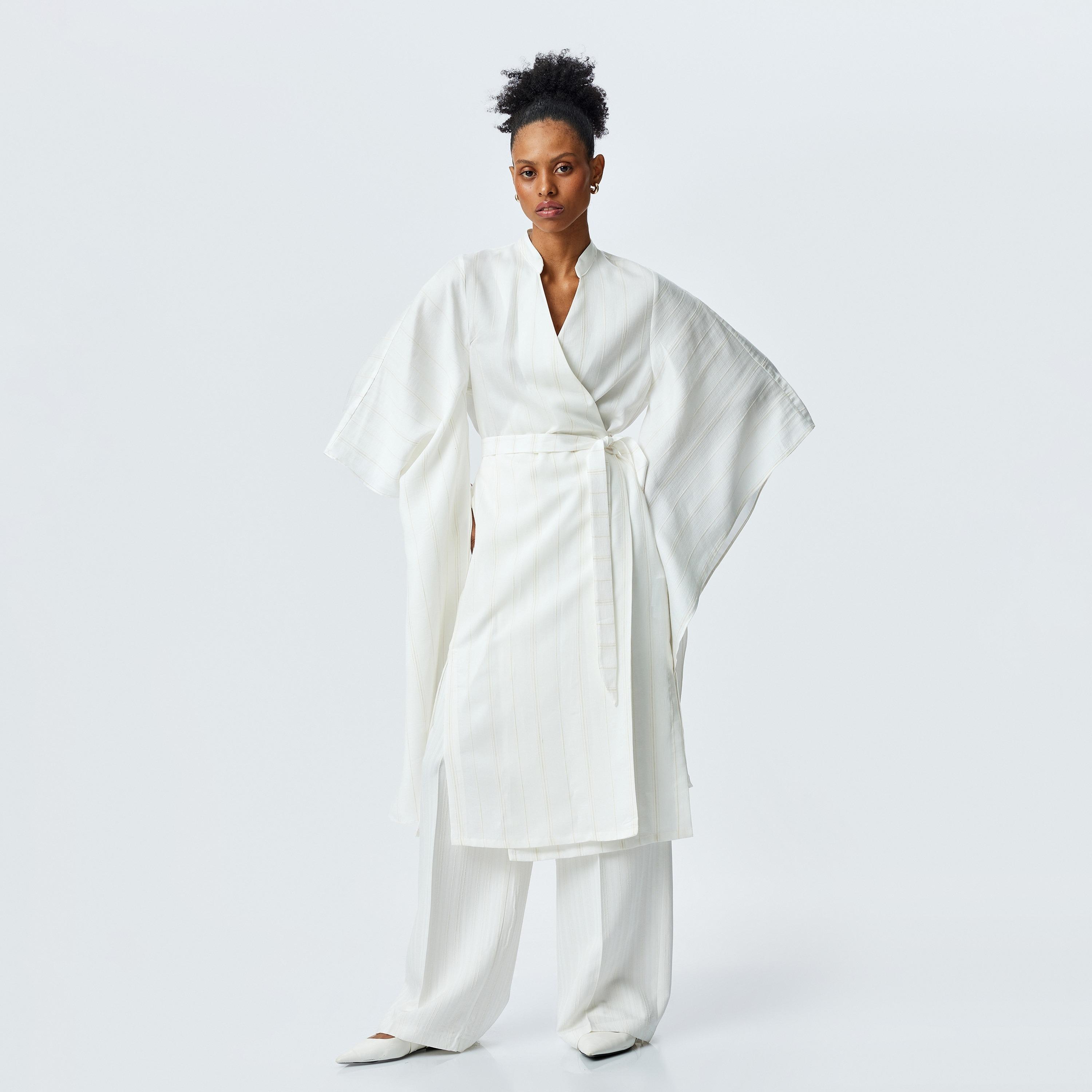 Koton White Striped Mandarin Flared Sleeves Women's Kimono-women-clothing-shirtsandblouses-blouses-image-1
