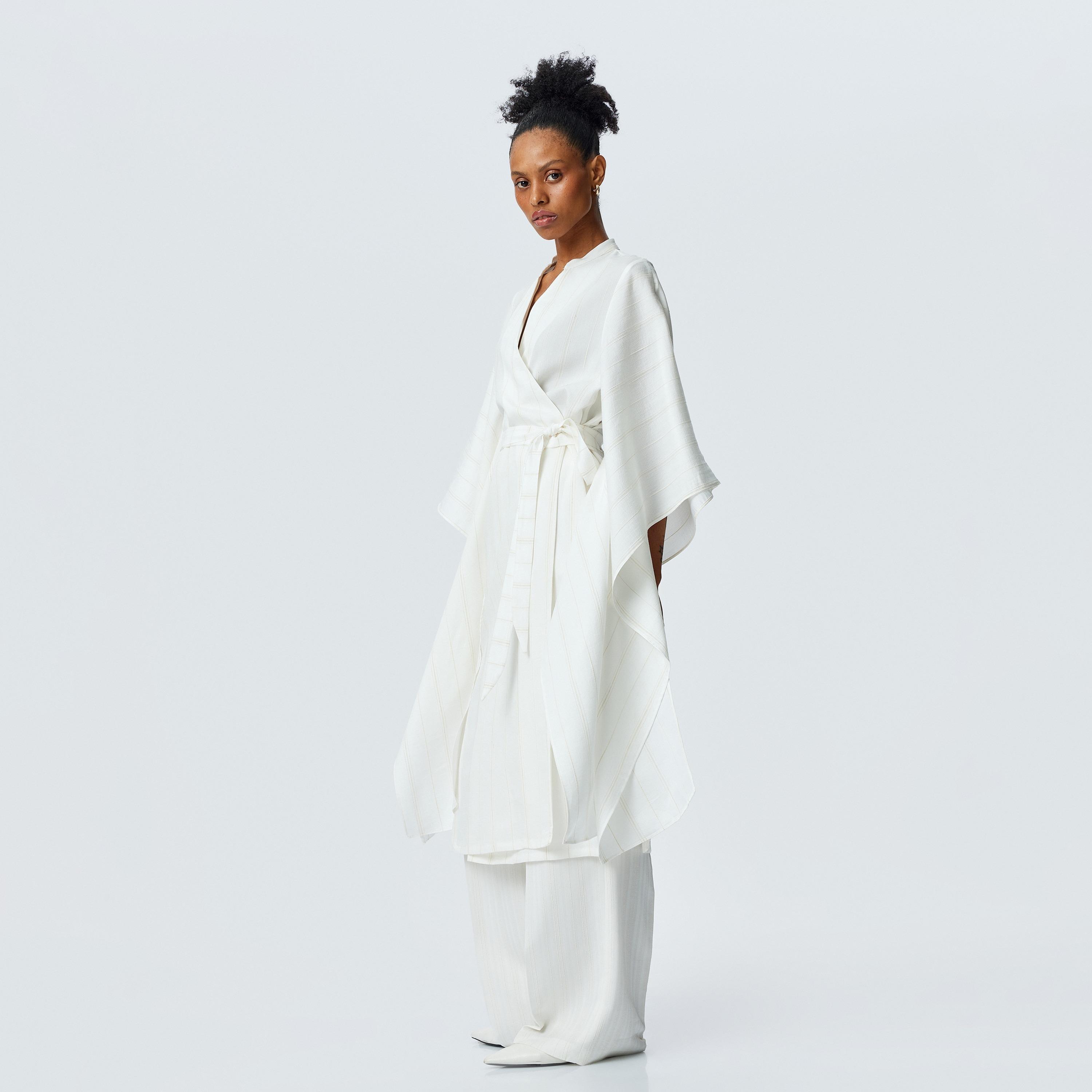 Koton White Striped Mandarin Flared Sleeves Women's Kimono-women-clothing-shirtsandblouses-blouses-image-2