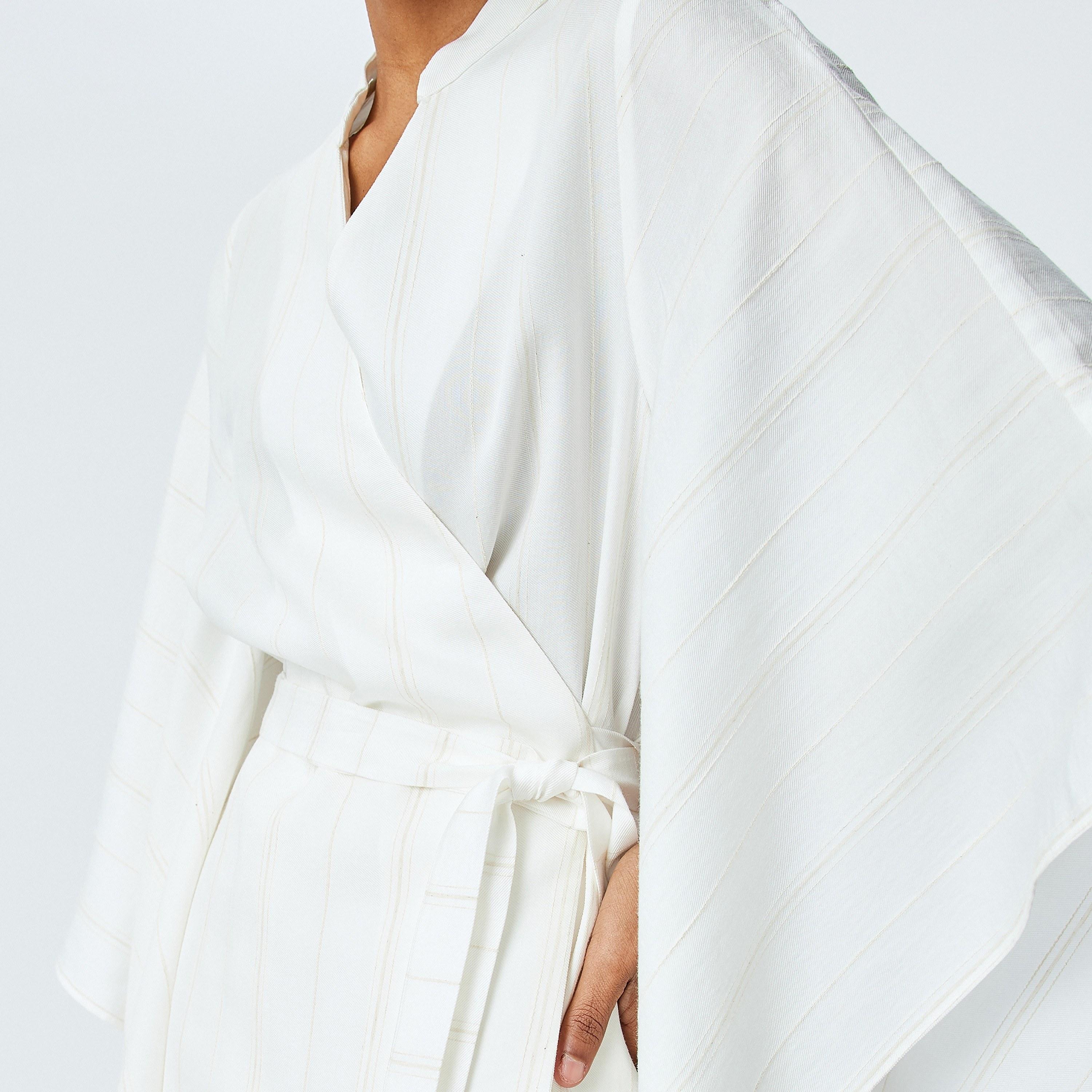 Koton White Striped Mandarin Flared Sleeves Women's Kimono-women-clothing-shirtsandblouses-blouses-image-4