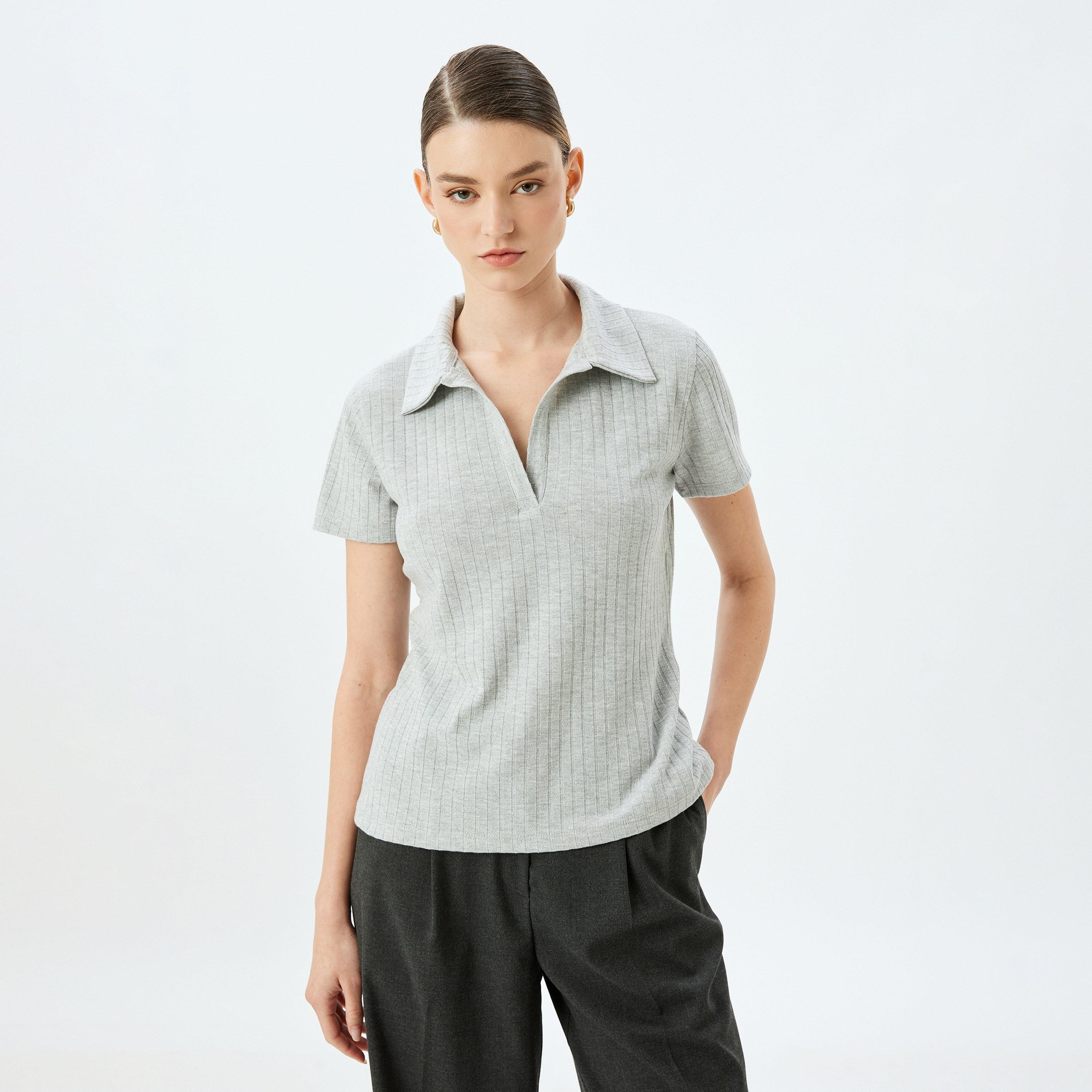Koton Grey Ribbed Collared Short Sleeves Women's T-Shirt-women-clothing-tshirts-image-1