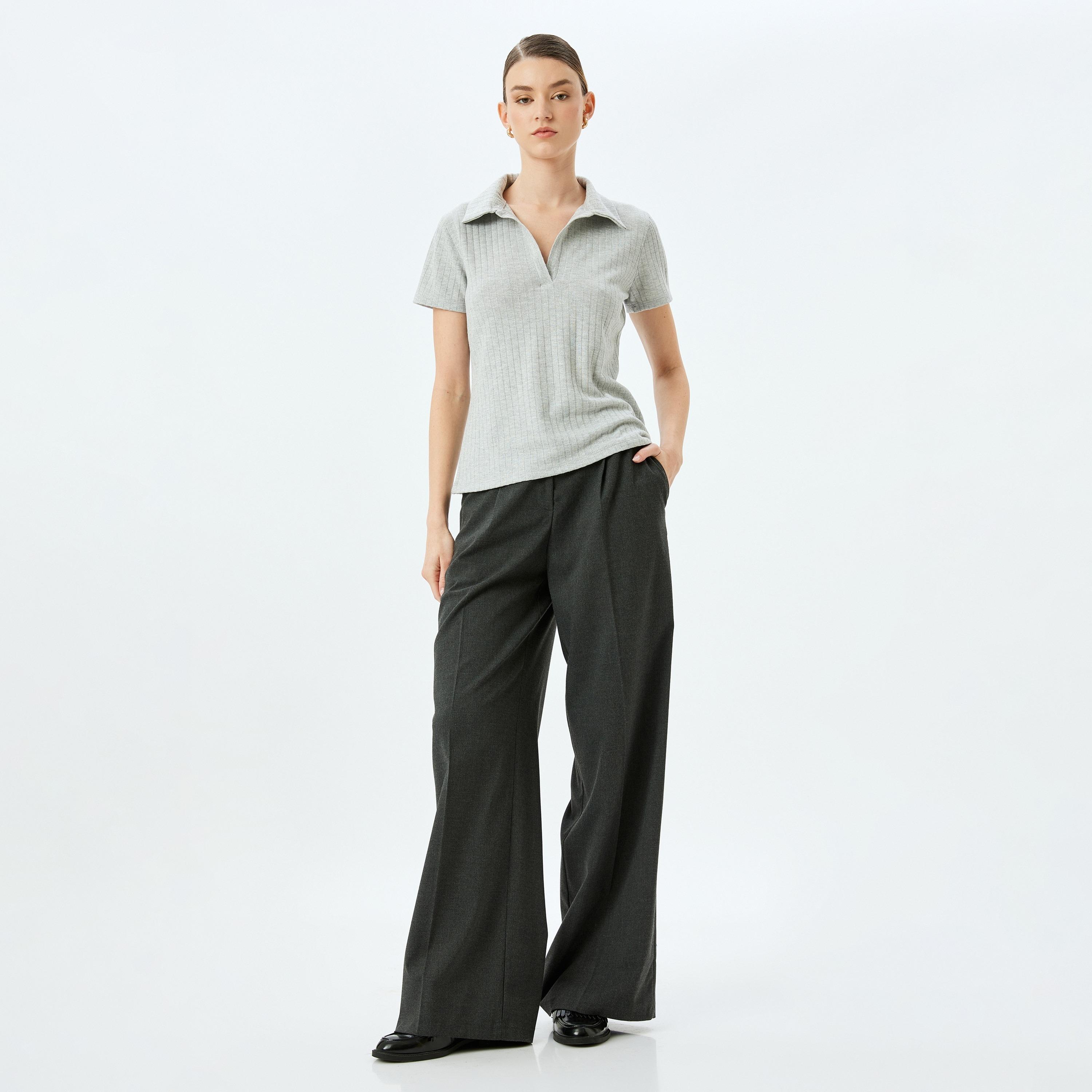 Koton Grey Ribbed Collared Short Sleeves Women's T-Shirt-women-clothing-tshirts-image-2