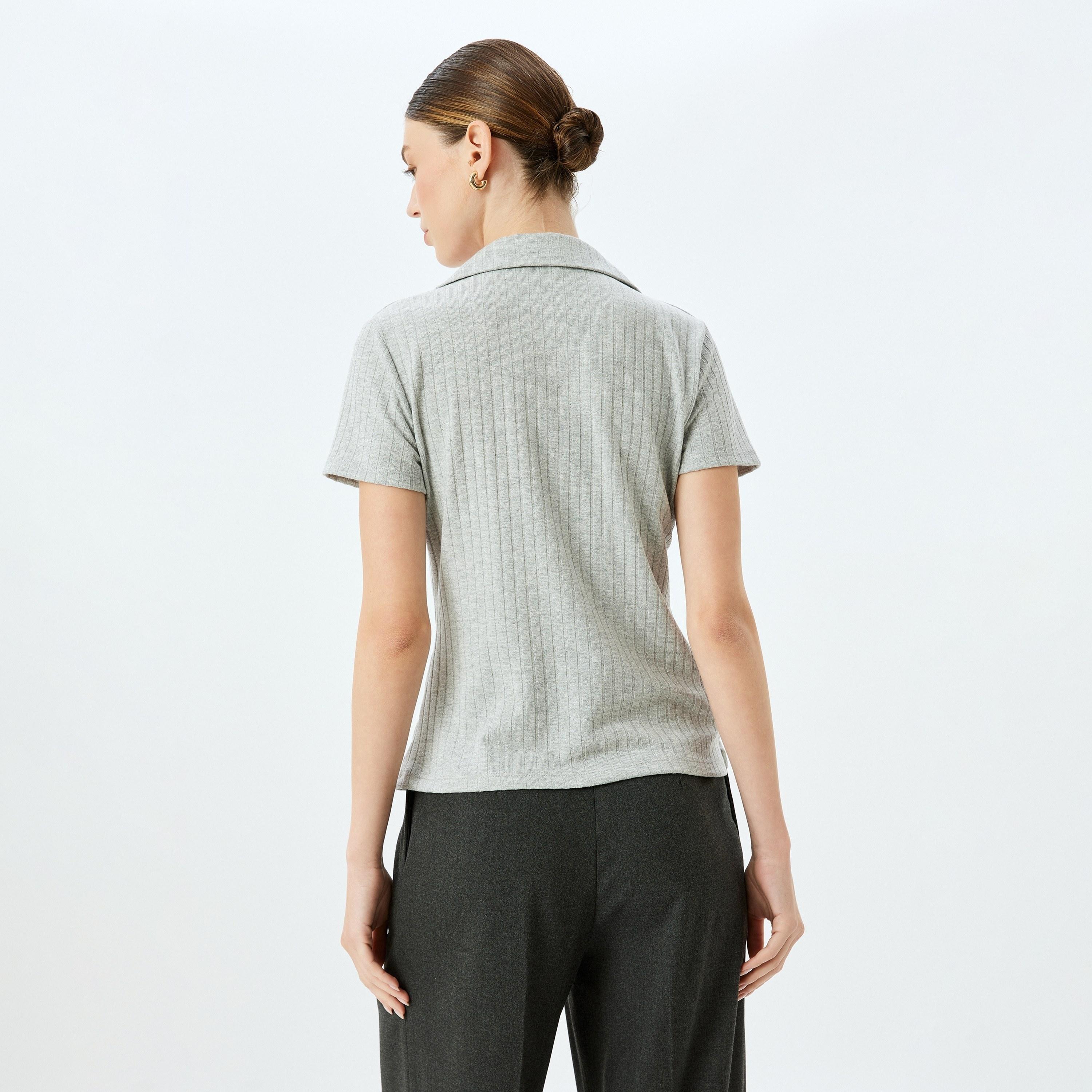 Koton Grey Ribbed Collared Short Sleeves Women's T-Shirt-women-clothing-tshirts-image-3