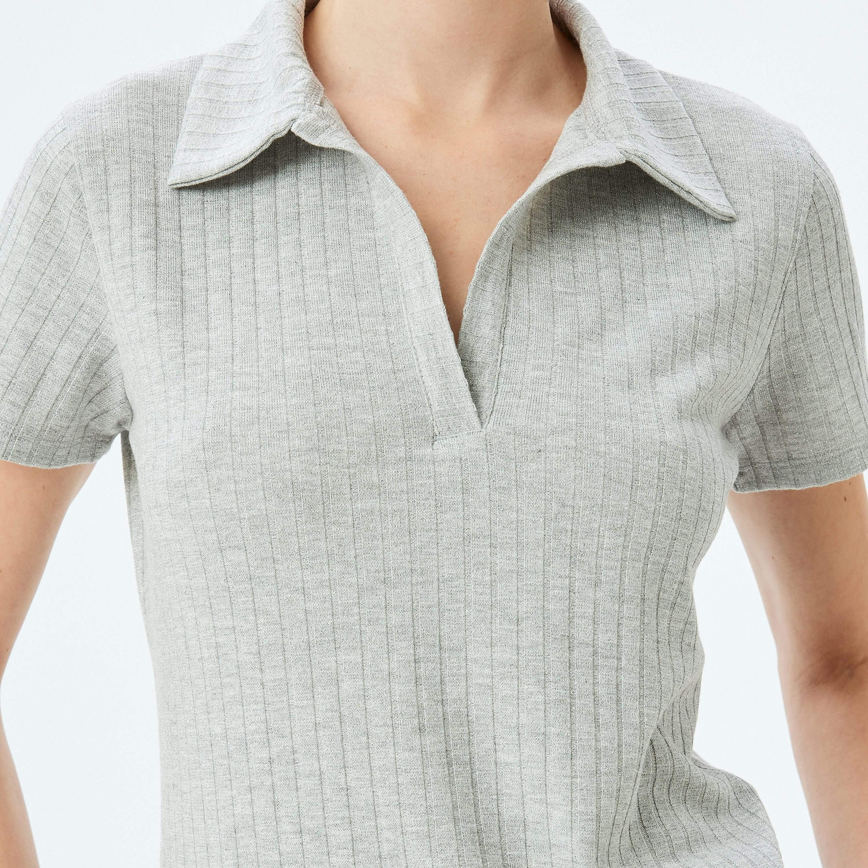 Koton Grey Ribbed Collared Short Sleeves Women's T-Shirt-women-clothing-tshirts-image-4