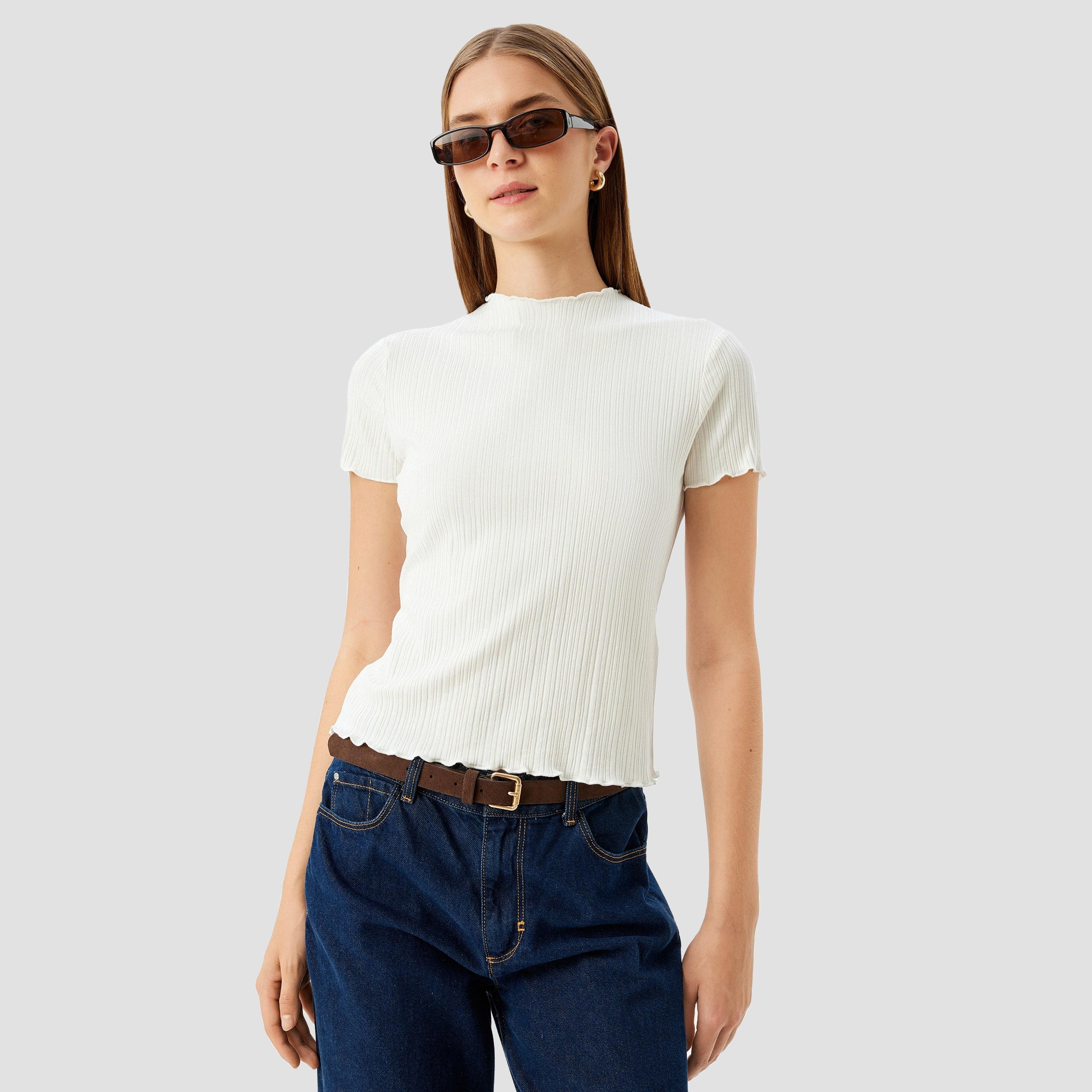 Koton White Ribbed Mock Neck Short Sleeves Women's Top-women-clothing-shirtsandblouses-blouses-image-1