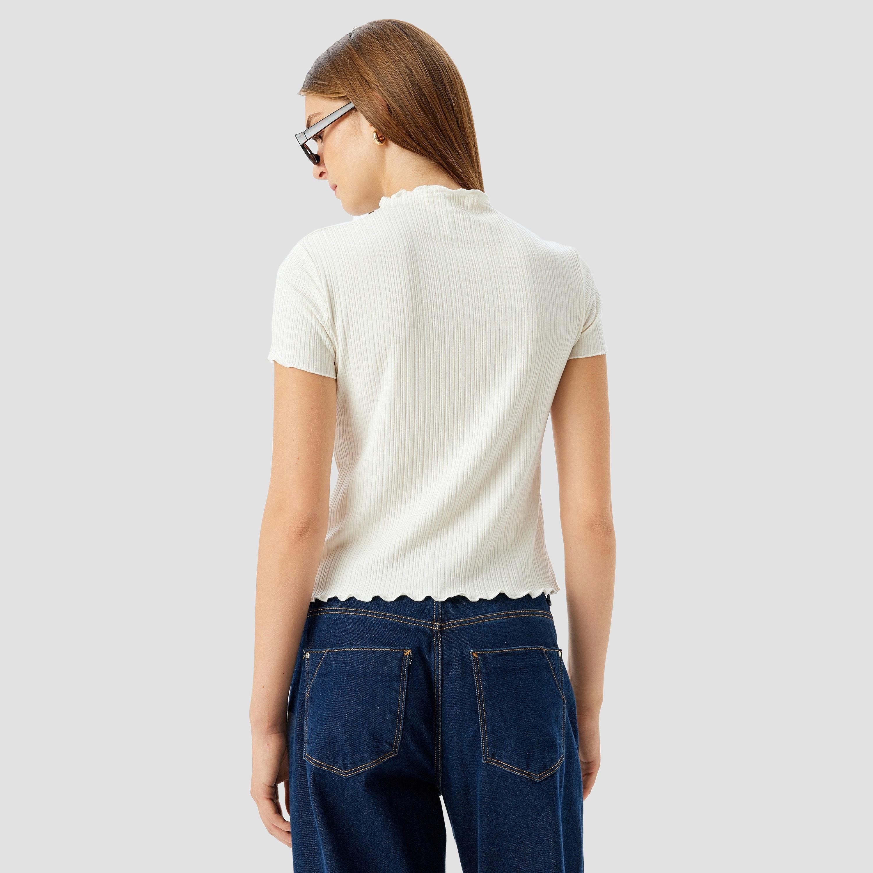 Koton White Ribbed Mock Neck Short Sleeves Women's Top-women-clothing-shirtsandblouses-blouses-image-3