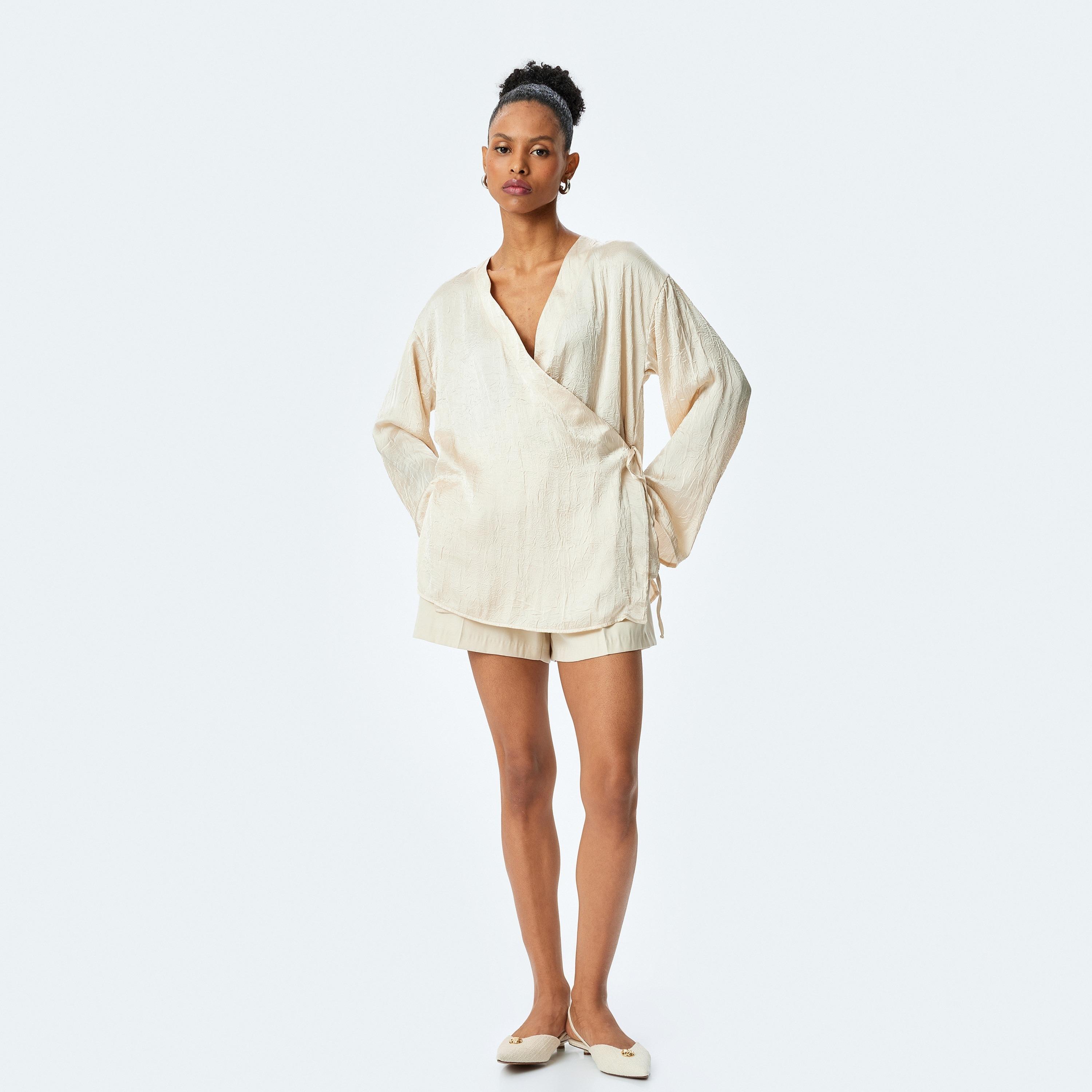 Koton Beige Crinkled Satin V-Neck Long Sleeves Women's Kimono Top-women-clothing-shirtsandblouses-blouses-image-1
