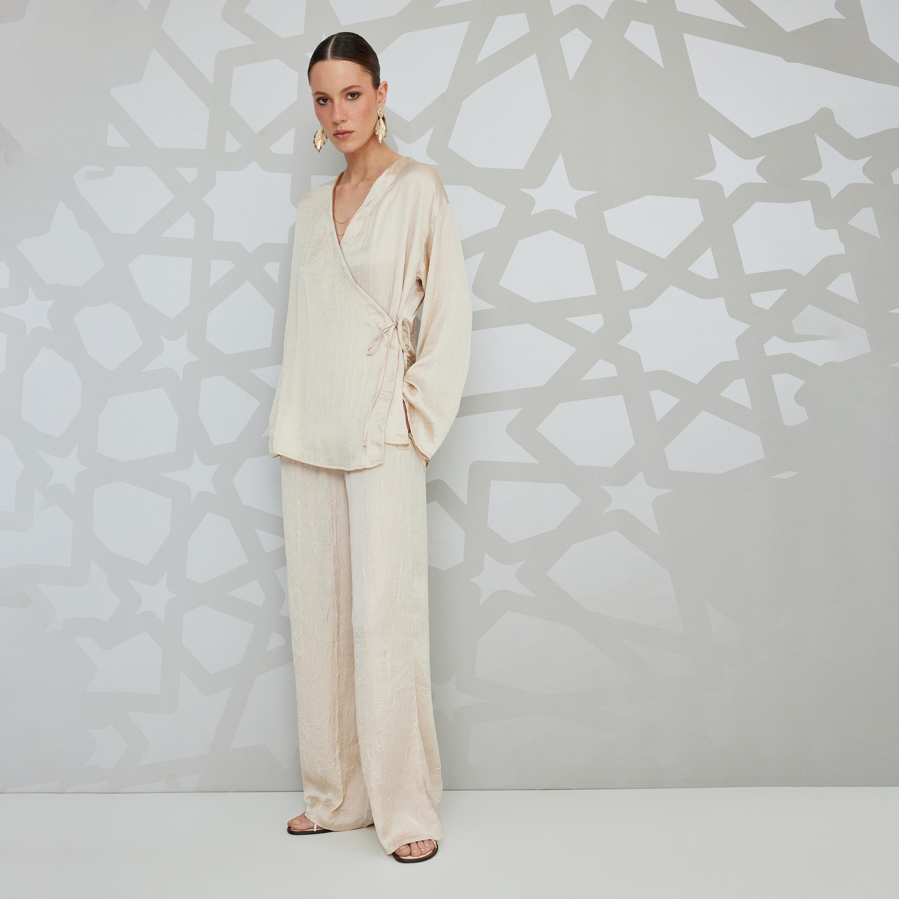 Koton Beige Crinkled Satin V-Neck Long Sleeves Women's Kimono Top-women-clothing-shirtsandblouses-blouses-image-2