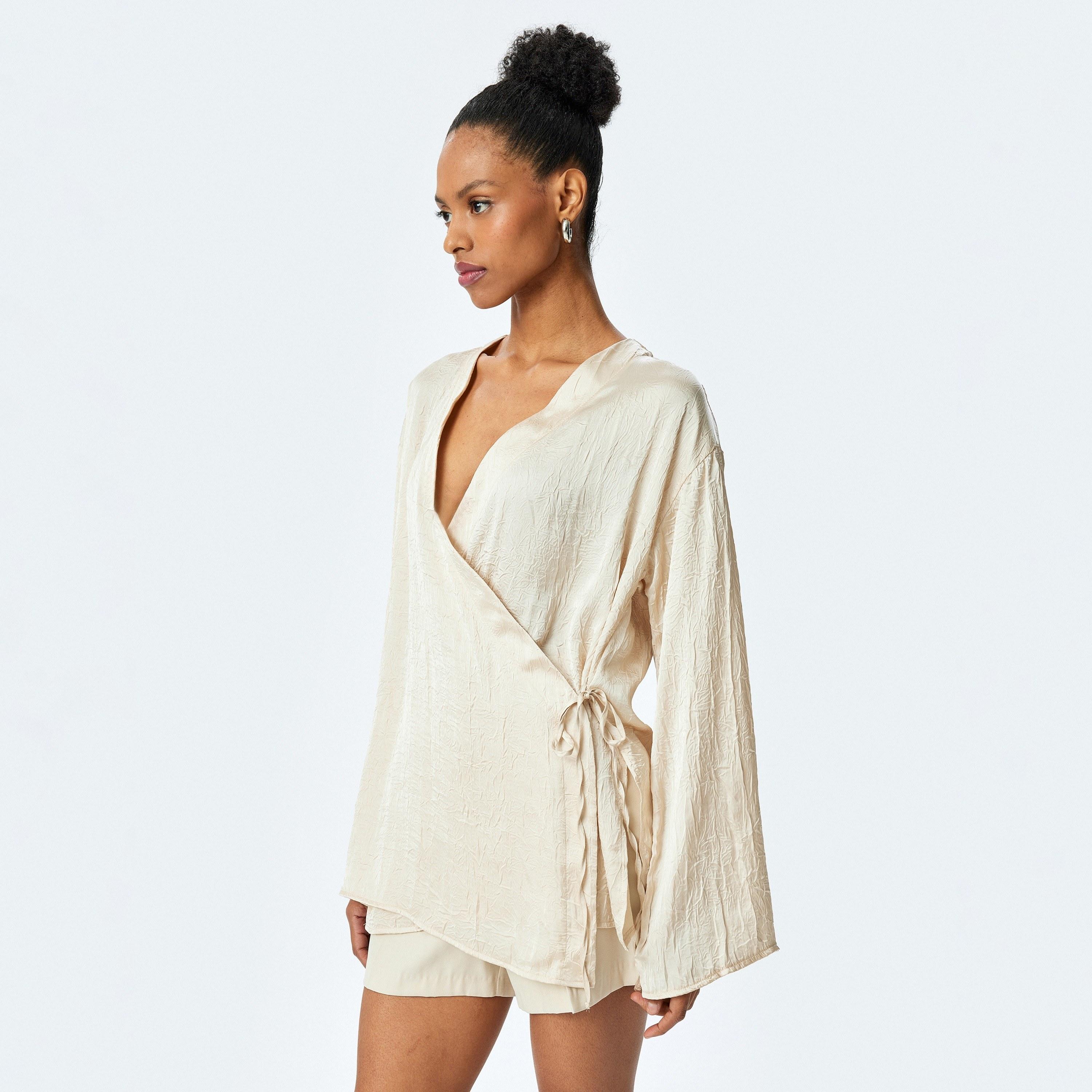 Koton Beige Crinkled Satin V-Neck Long Sleeves Women's Kimono Top-women-clothing-shirtsandblouses-blouses-image-3