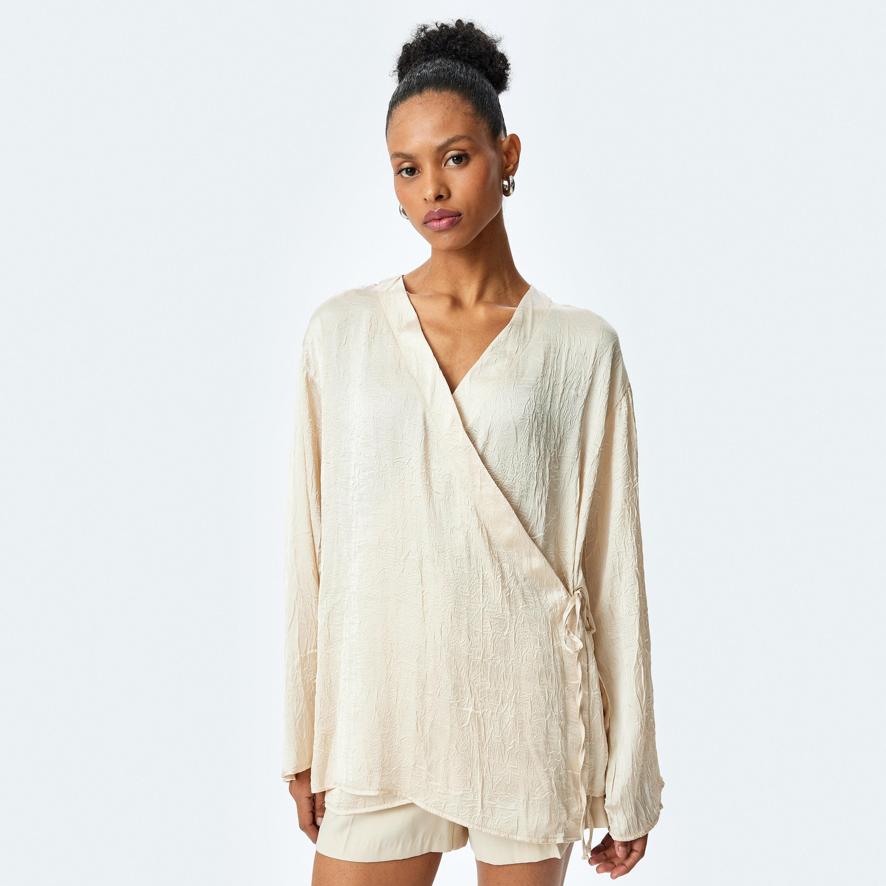 Koton Beige Crinkled Satin V-Neck Long Sleeves Women's Kimono Top-women-clothing-shirtsandblouses-blouses-image-4