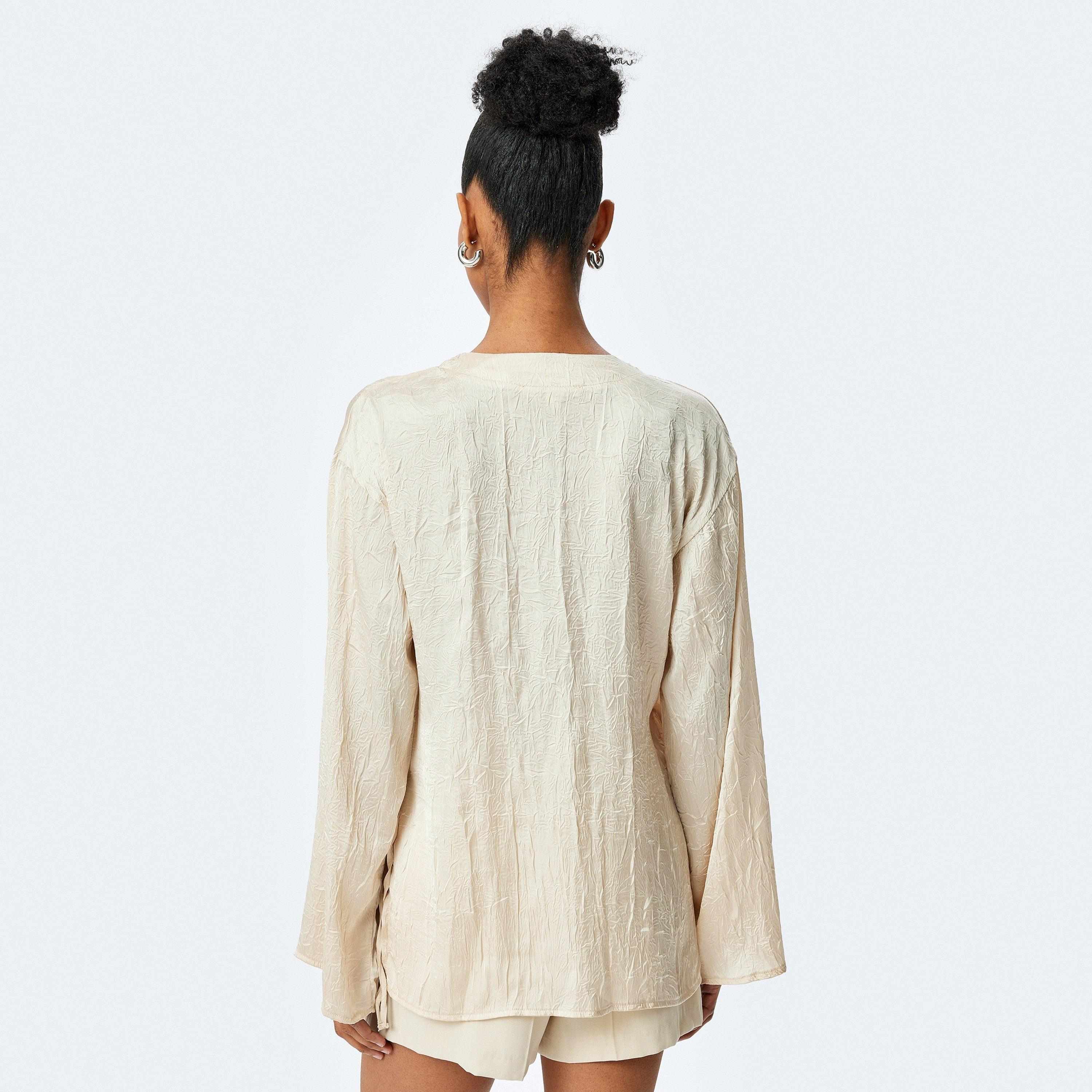 Koton Beige Crinkled Satin V-Neck Long Sleeves Women's Kimono Top-women-clothing-shirtsandblouses-blouses-image-5