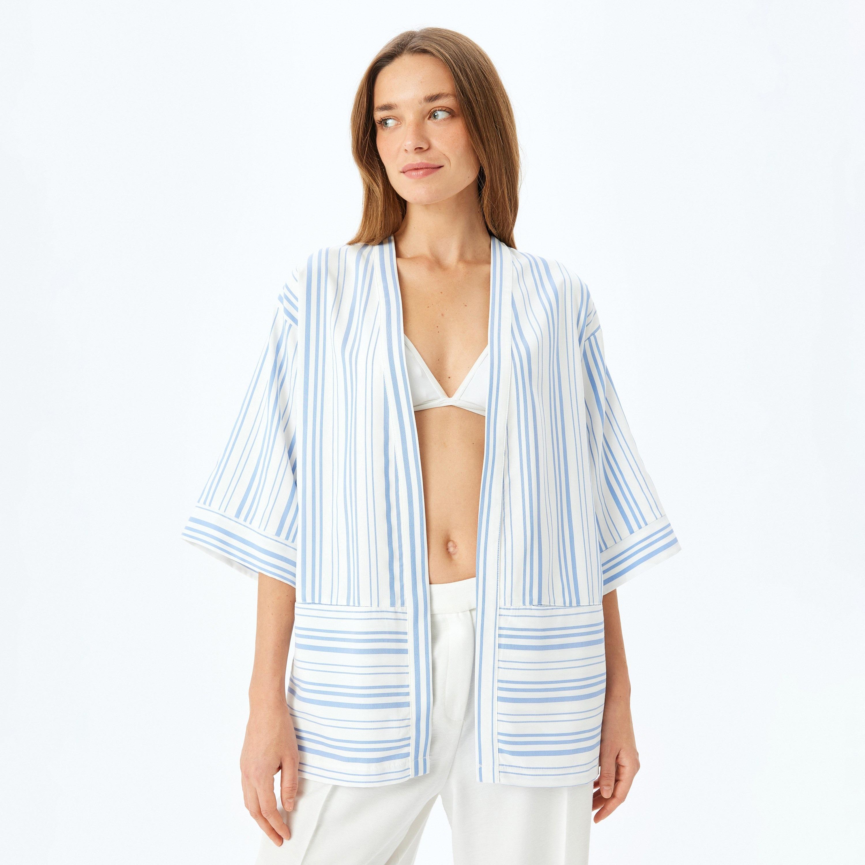 Koton White Striped Shawl Three-Quarter Sleeves Women's Shrug-women-clothing-shirtsandblouses-blouses-image-1