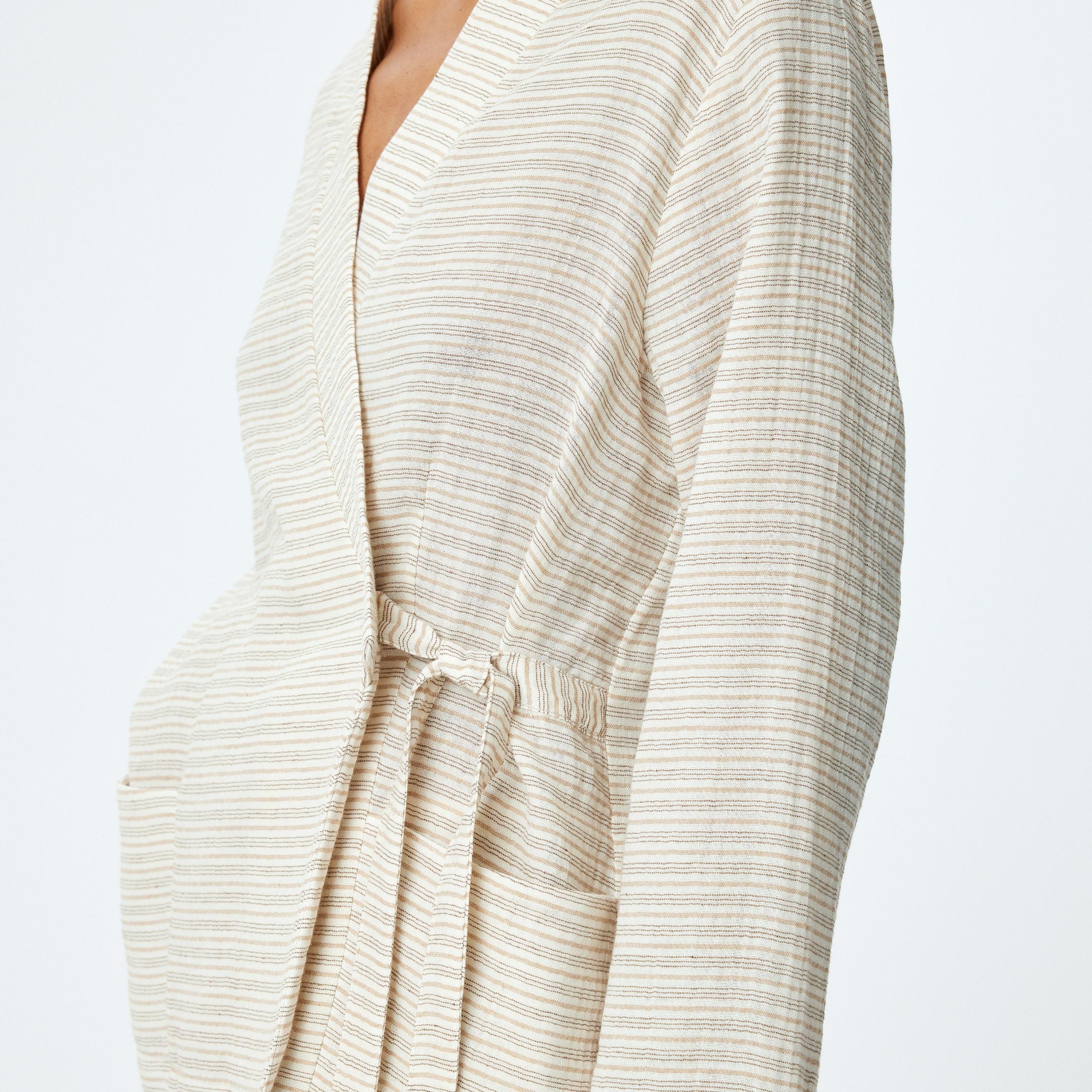 قميص كيمونو نسائي بأكمام طويلة بأكمام V مخطط بلون كوتون البيج-women-clothing-shirtsandblouses-blouses-image-4