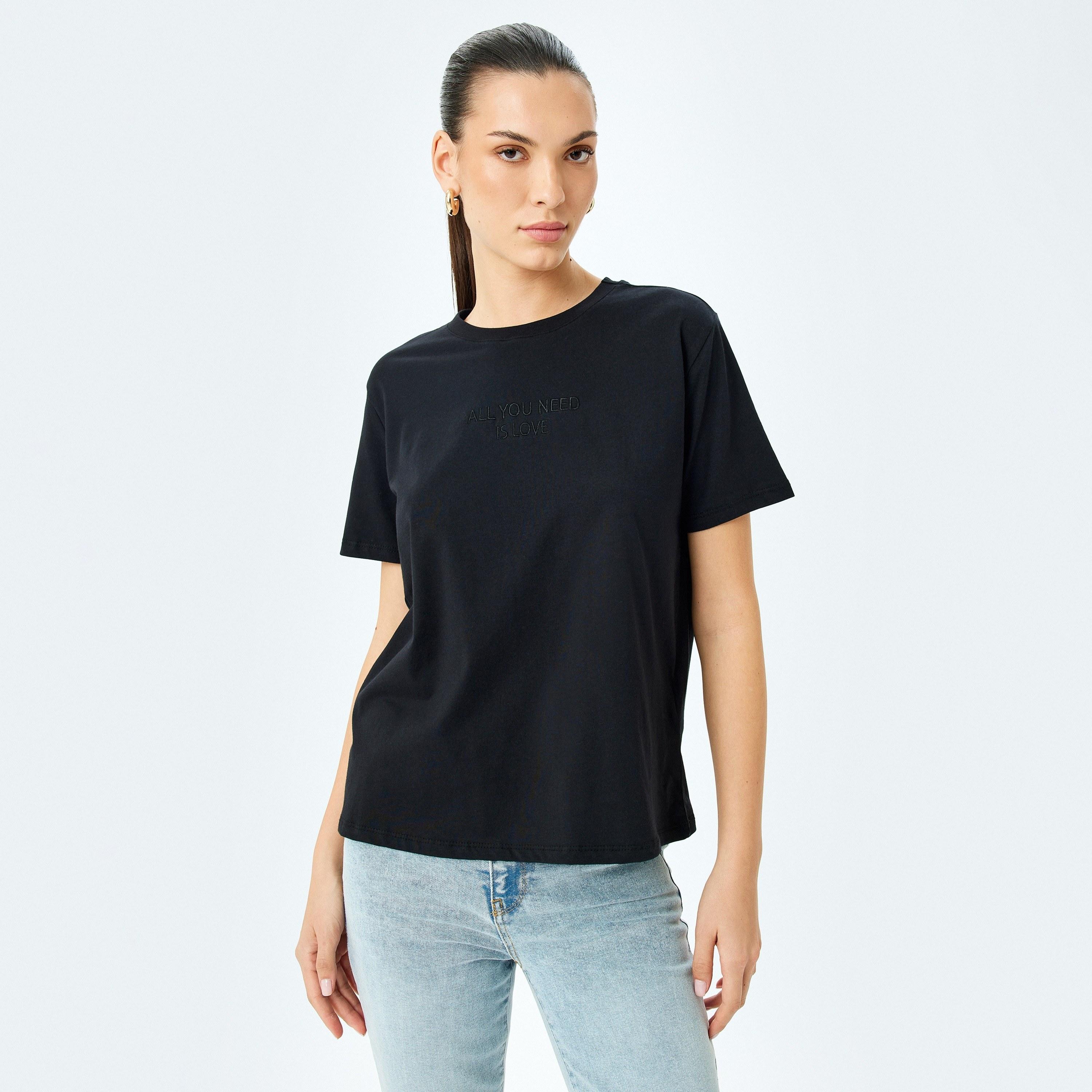 Koton Black Text Embroidered Round Neck Short Sleeves Women's T-Shirt-women-clothing-tshirts-image-1