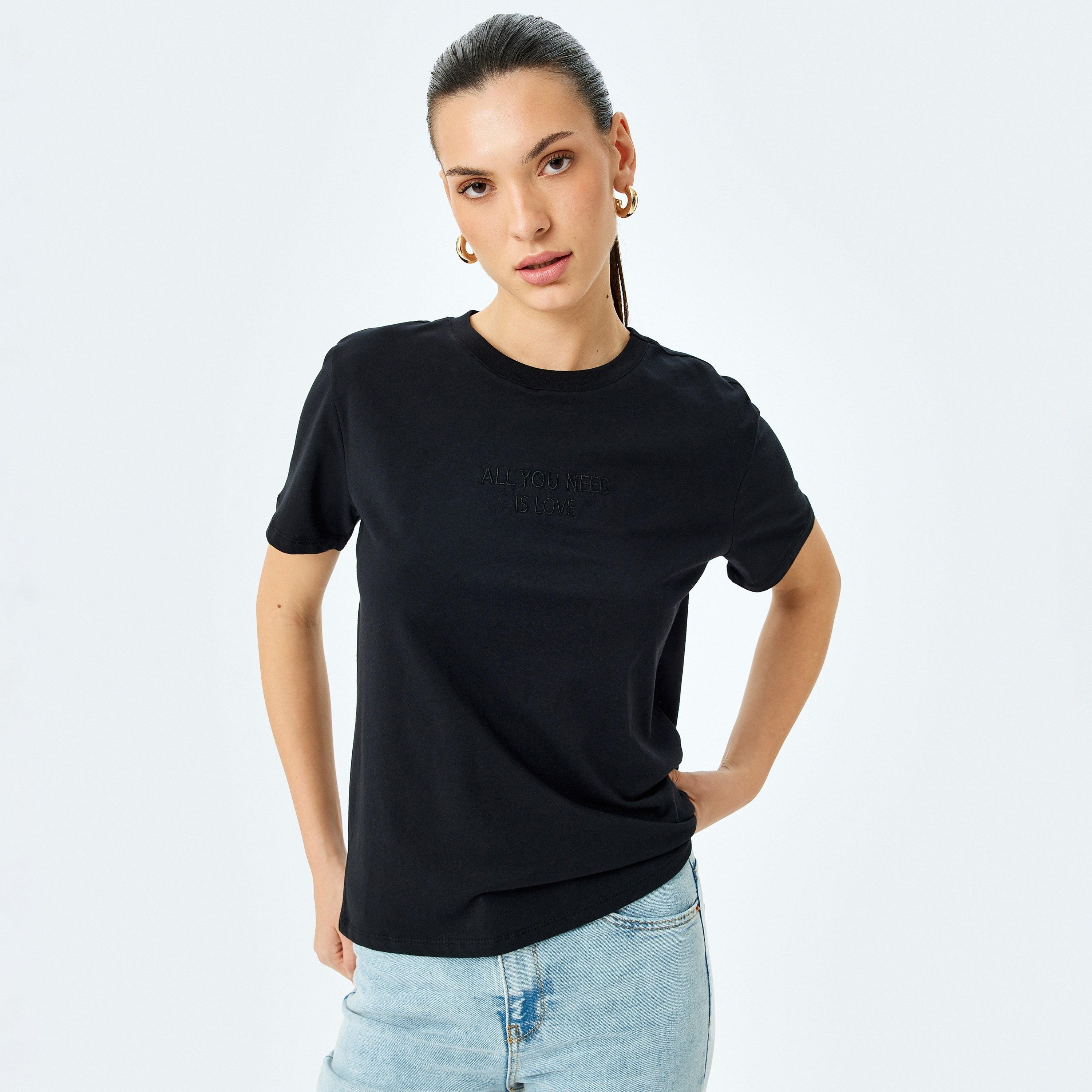 Koton Black Text Embroidered Round Neck Short Sleeves Women's T-Shirt-women-clothing-tshirts-image-2