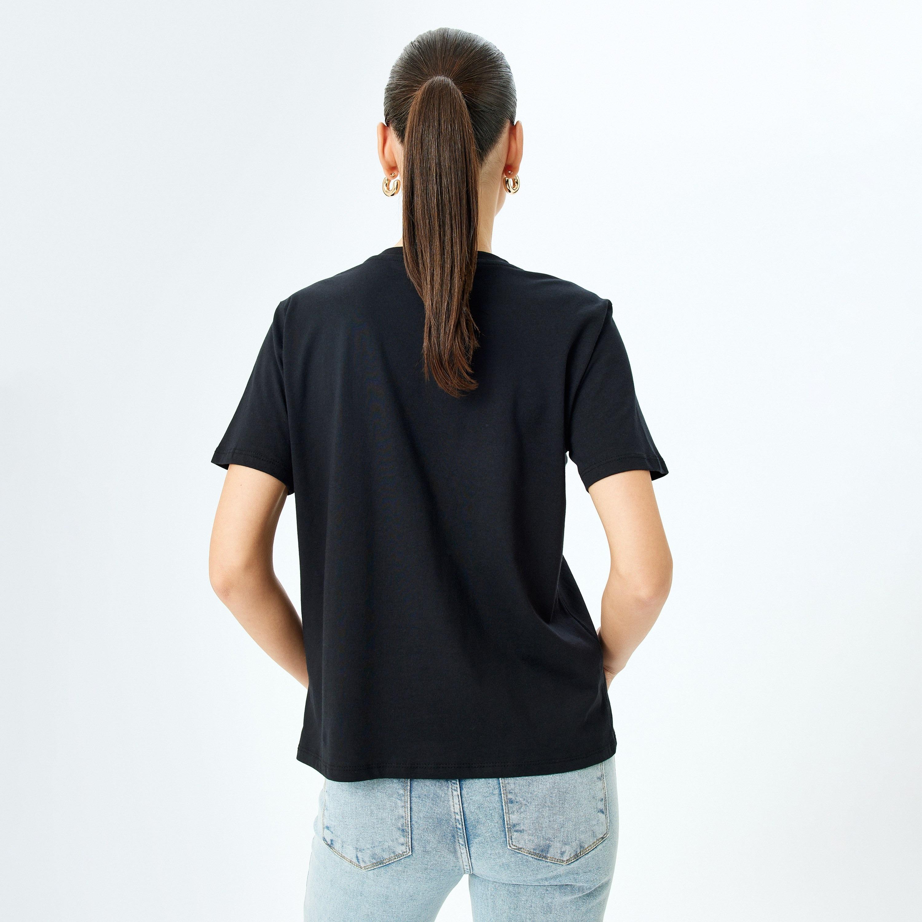 Koton Black Text Embroidered Round Neck Short Sleeves Women's T-Shirt-women-clothing-tshirts-image-3