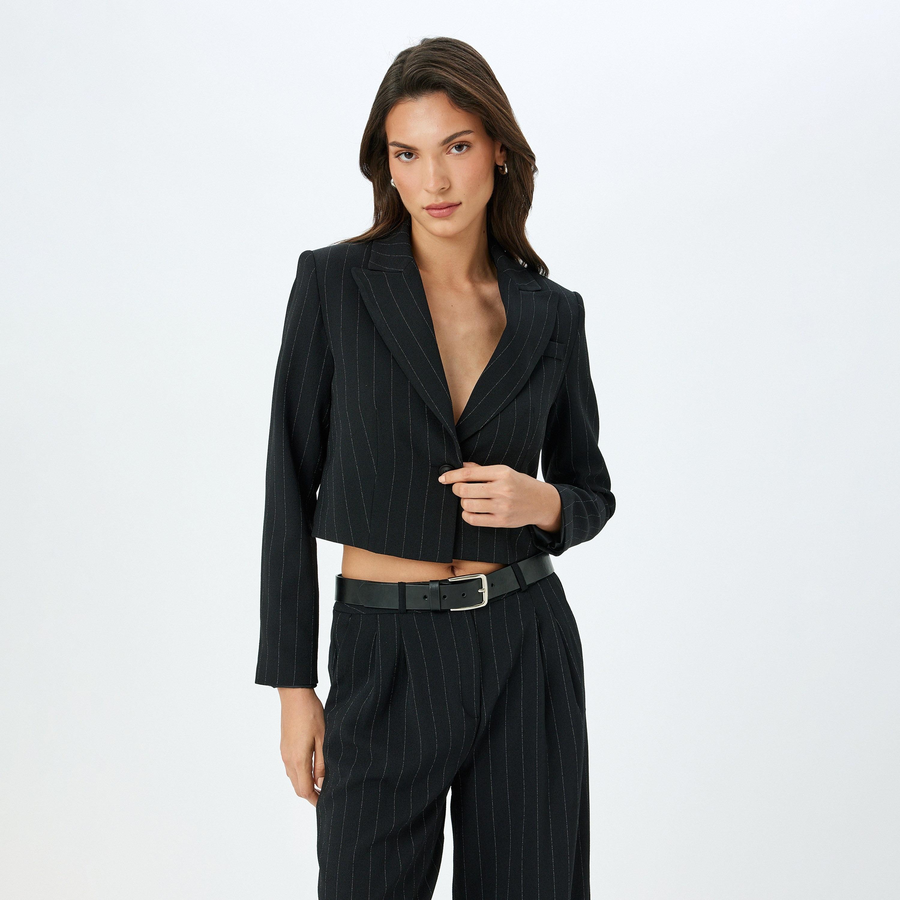 Koton Black Striped Notch Collar Long Sleeves Women's Blazer-women-clothing-coatsandjackets-blazers-image-1
