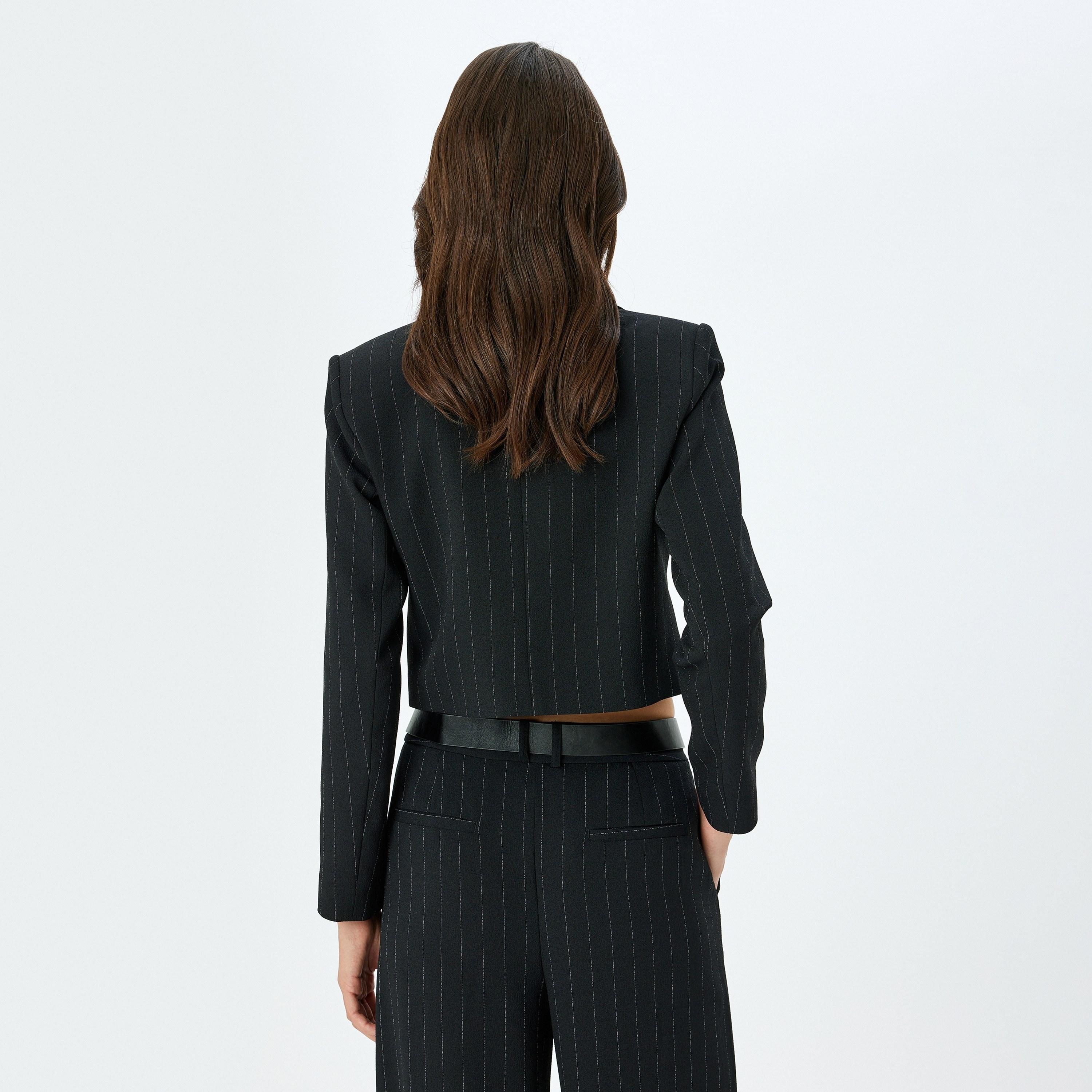 Koton Black Striped Notch Collar Long Sleeves Women's Blazer-women-clothing-coatsandjackets-blazers-image-3