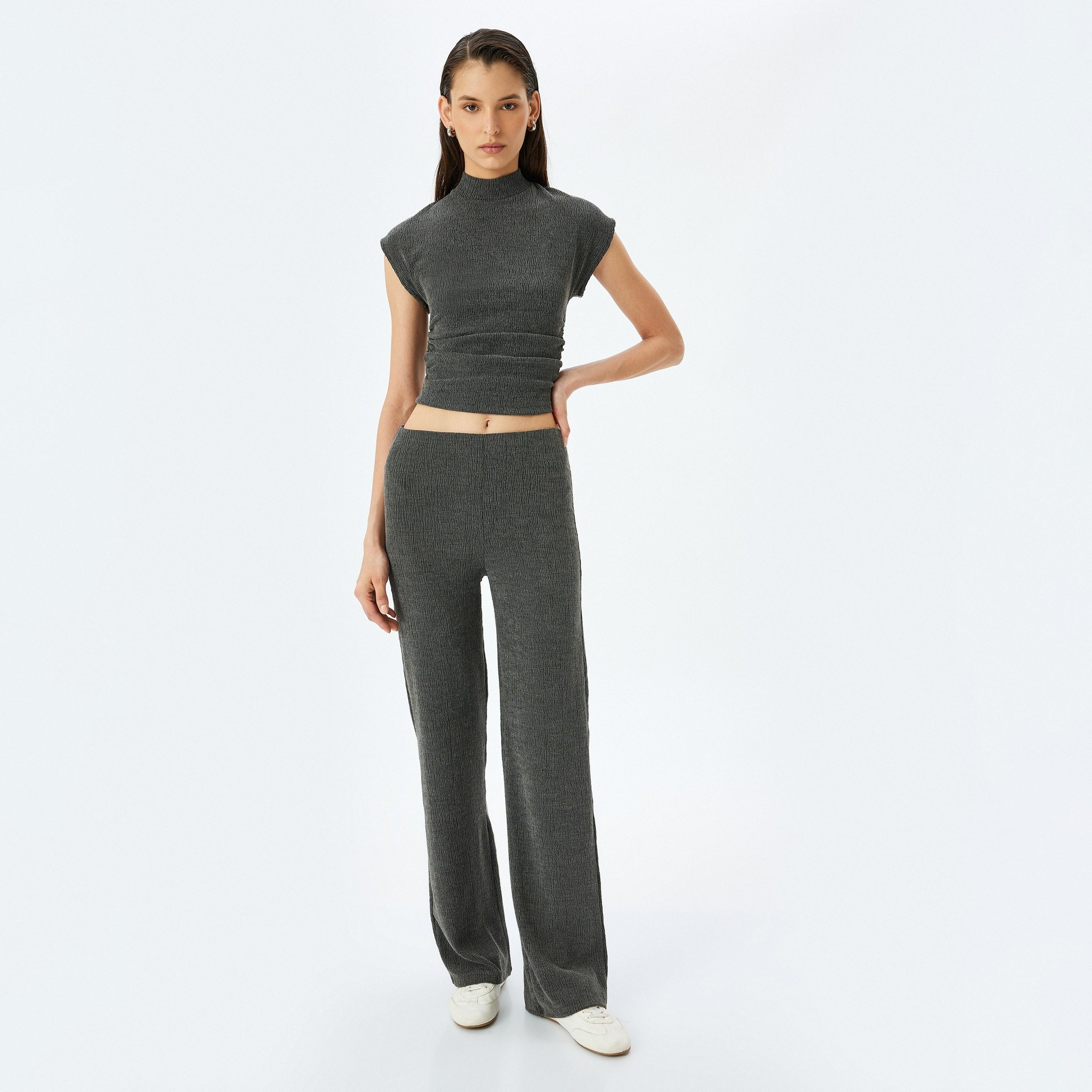 Koton Grey Crinkled High Neck Short Sleeves Women's Top-women-clothing-shirtsandblouses-blouses-image-2