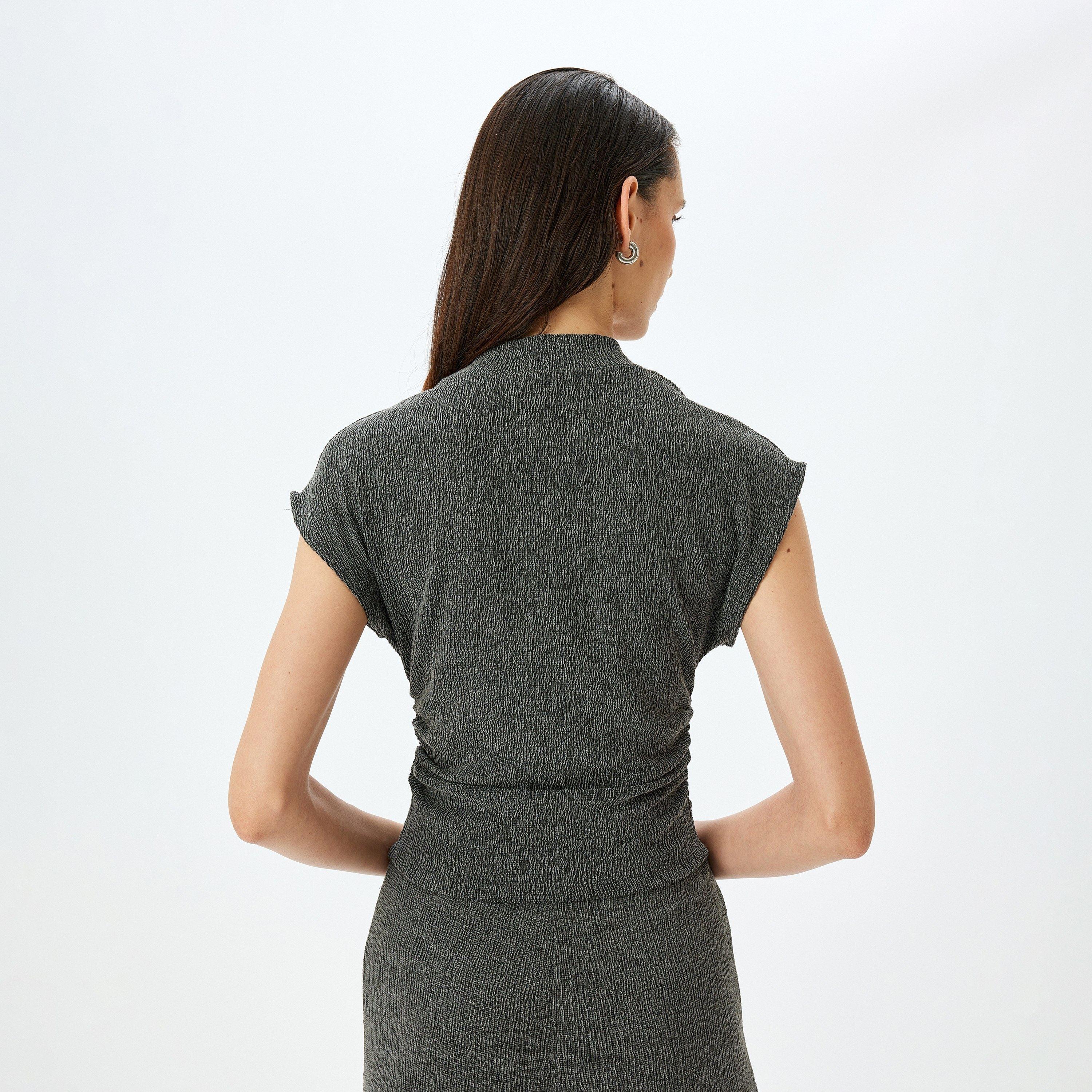 Koton Grey Crinkled High Neck Short Sleeves Women's Top-women-clothing-shirtsandblouses-blouses-image-3